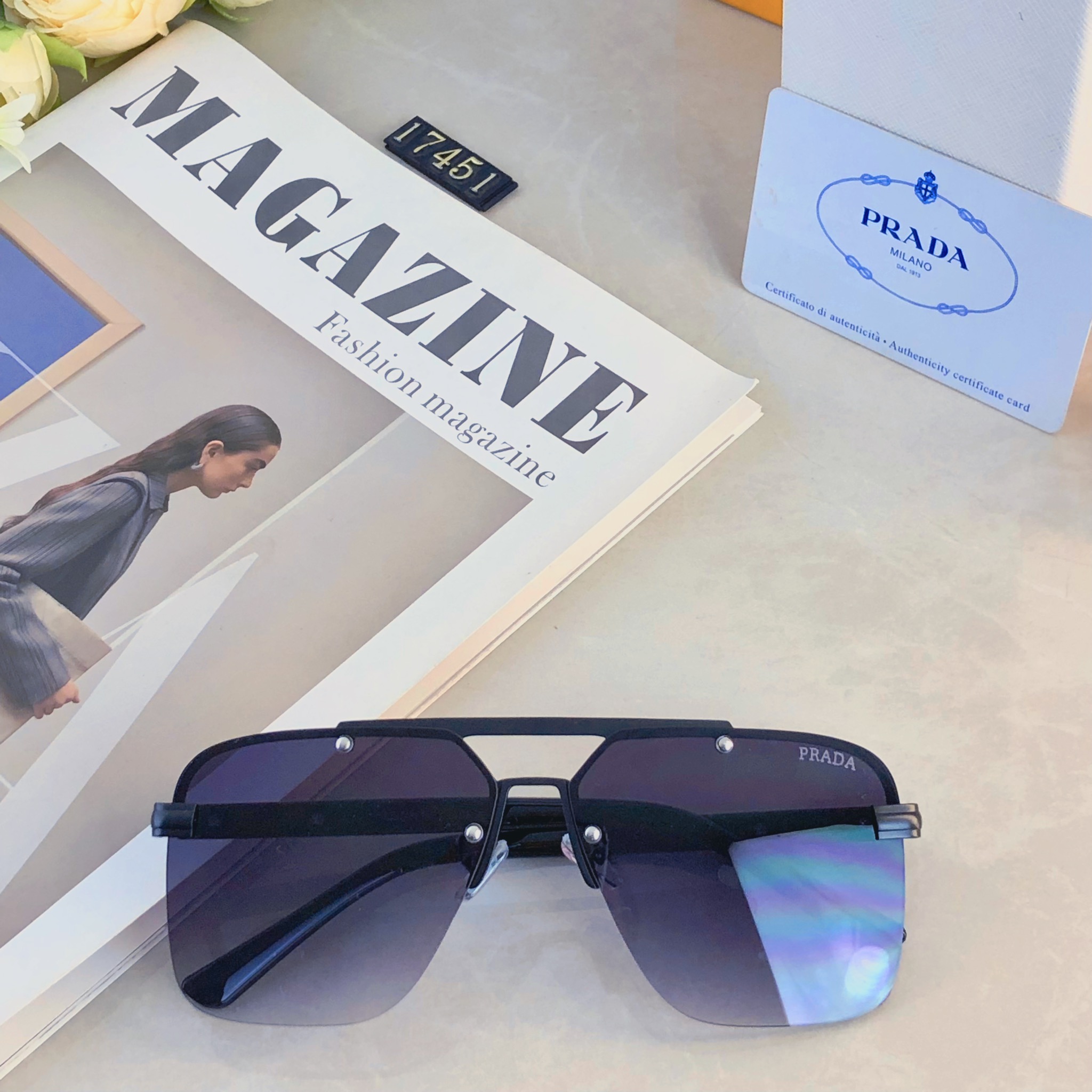 🔥🔥Prad*气质潮流双梁方形户外防晒墨镜跨境欧美个性墨镜高级太阳眼镜