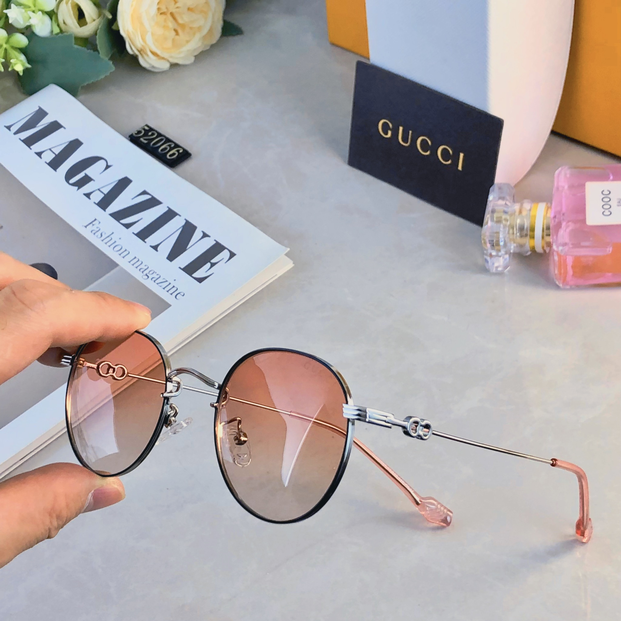 🔥🔥Gucc*新款轻盈圆形金属框偏光太阳镜女防紫外线高级感遮阳户外墨镜女潮