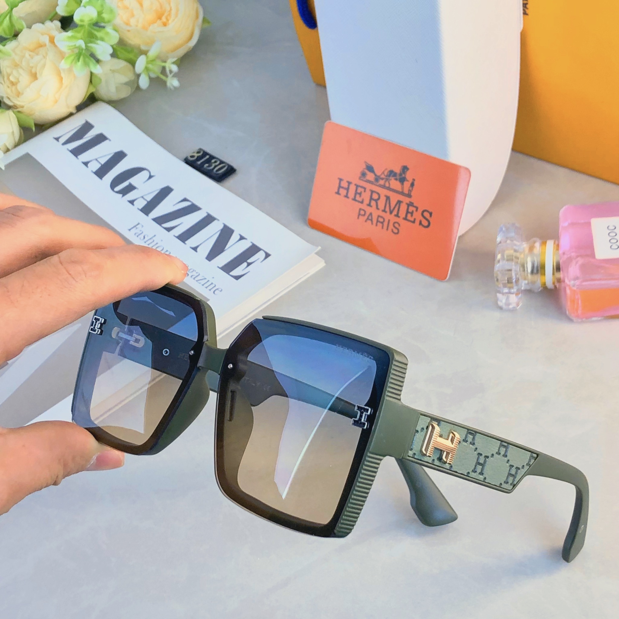 🔥🔥Herme*太阳镜新款墨镜明星同款网红大框驾驶开车H字母眼镜潮
