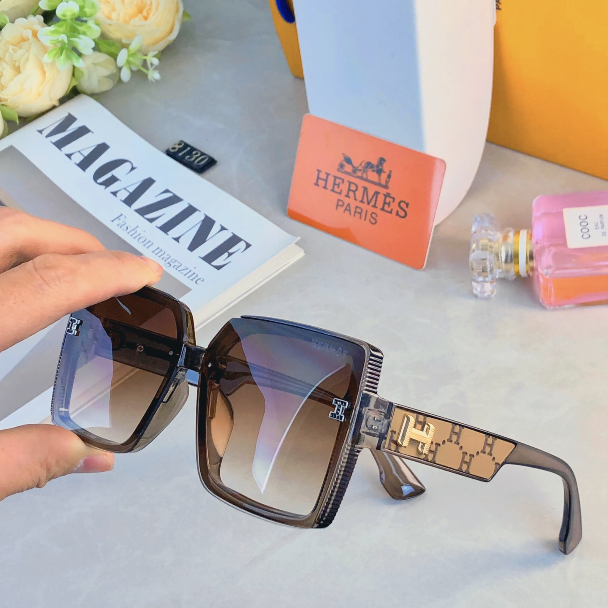 🔥🔥Herme*太阳镜新款墨镜明星同款网红大框驾驶开车H字母眼镜潮