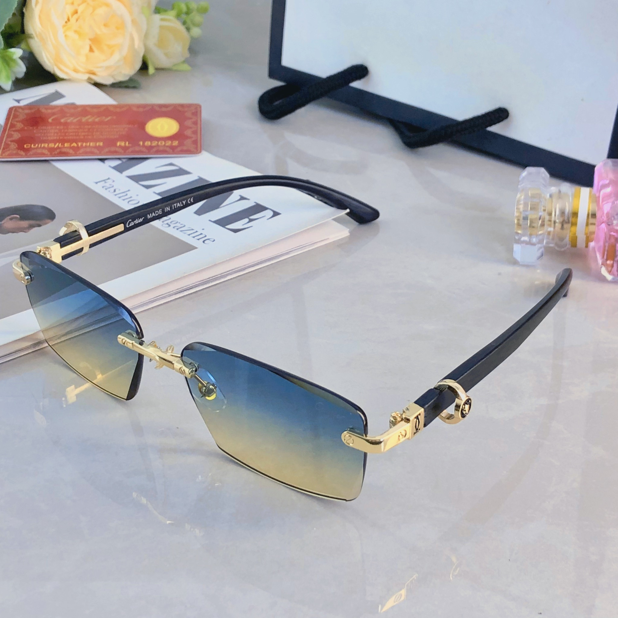 🔥🔥Cartie*复古简约无框斯文男士眼镜仿木纹镜腿墨镜驾驶太阳眼镜