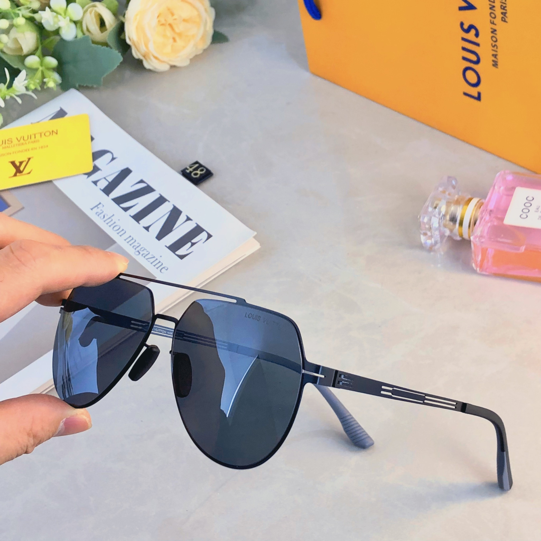 🔥🔥Louis vuitto*经典尼龙偏光不锈钢墨镜 复古飞行员墨镜超弹无螺丝蛤蟆镜男潮
