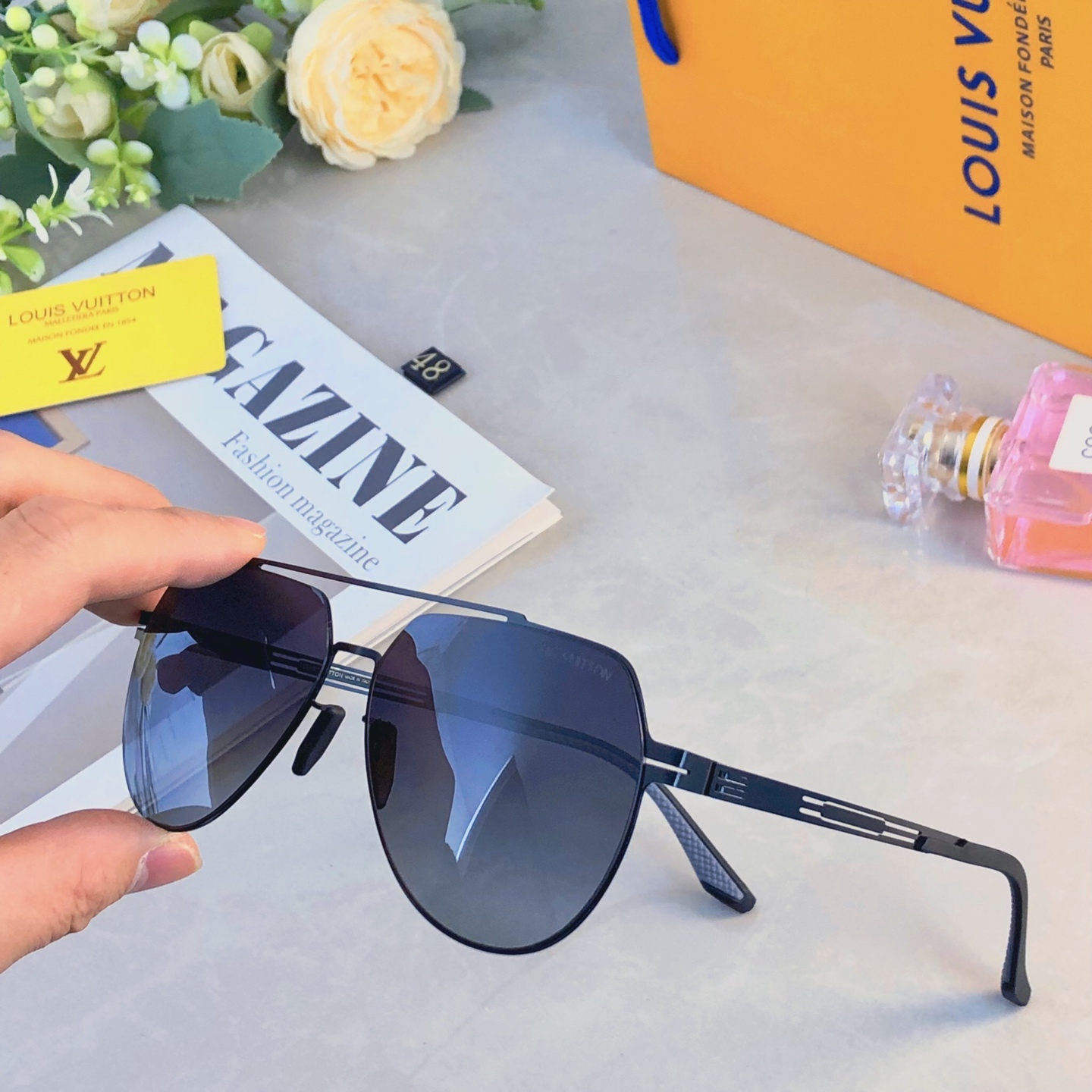 🔥🔥Louis vuitto*经典尼龙偏光不锈钢墨镜 复古飞行员墨镜超弹无螺丝蛤蟆镜男潮