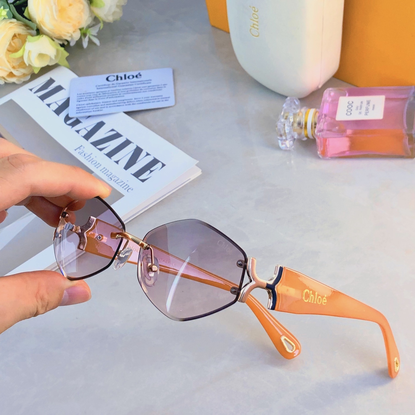 🔥🔥Chlo*韩版墨镜无边框切边金属镂空高级感老钱风街拍太阳镜