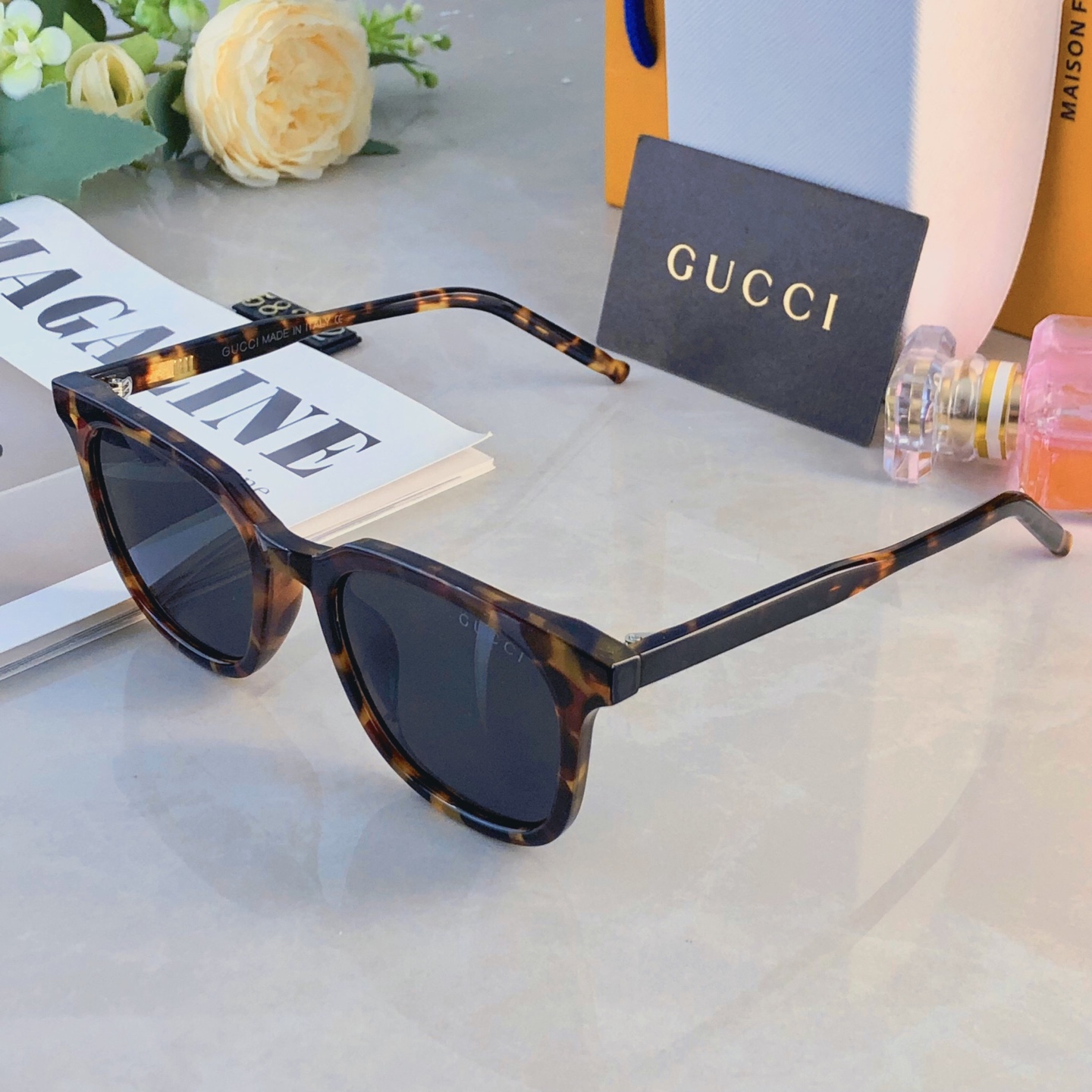 🔥🔥Gucc*简约韩版玳瑁透明灰框墨镜偏光高级感开车海边遮阳防晒街拍质感太阳镜