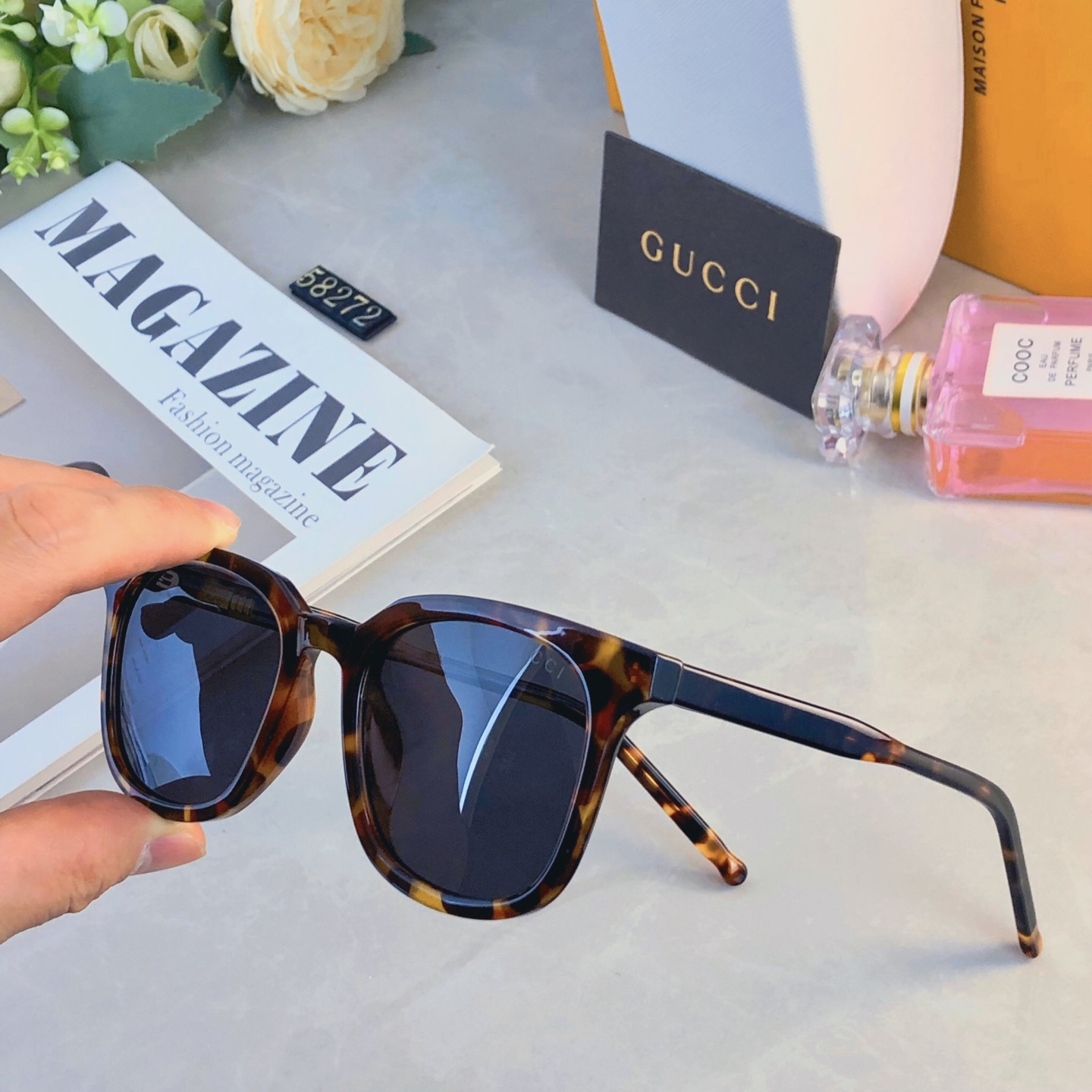 🔥🔥Gucc*简约韩版玳瑁透明灰框墨镜偏光高级感开车海边遮阳防晒街拍质感太阳镜