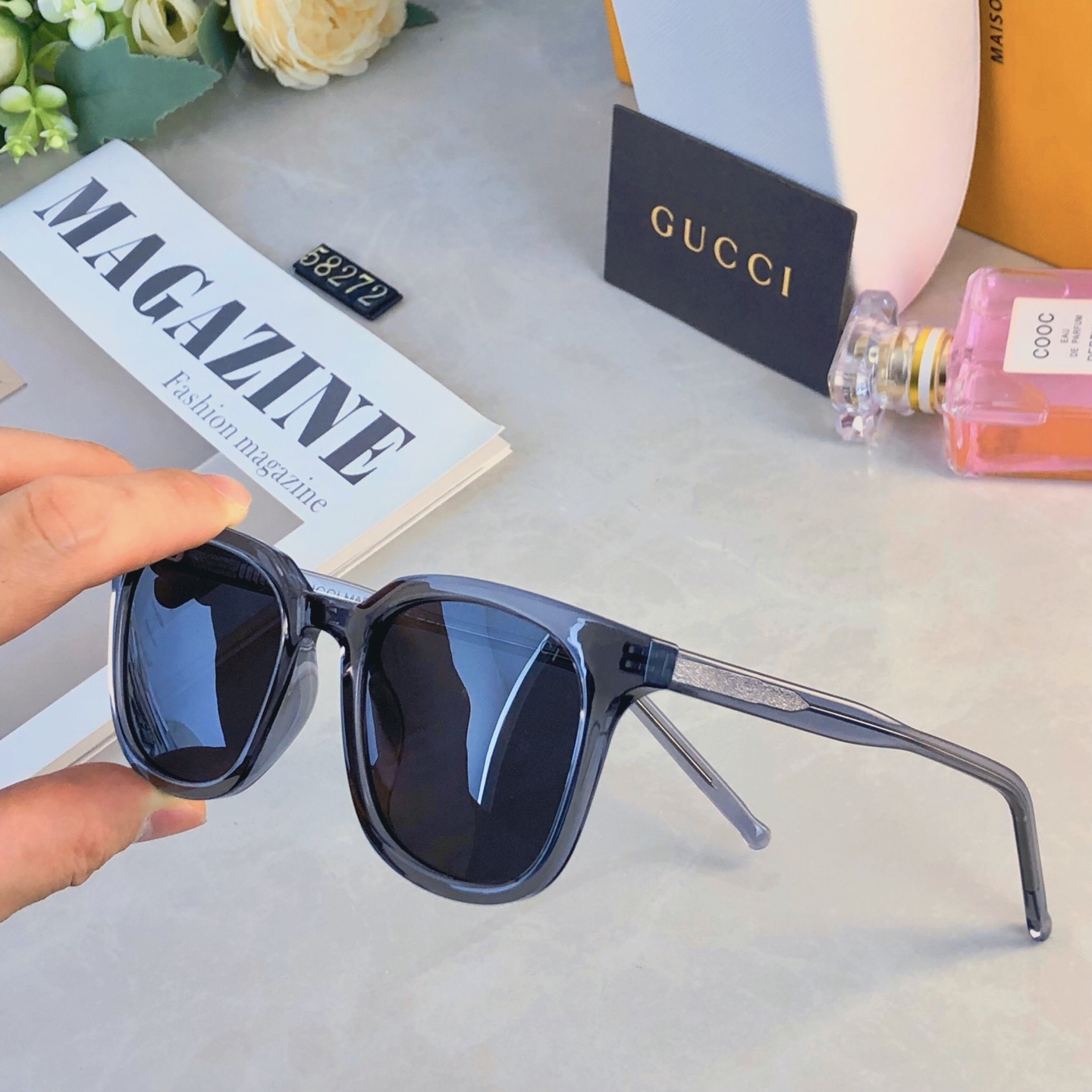 🔥🔥Gucc*简约韩版玳瑁透明灰框墨镜偏光高级感开车海边遮阳防晒街拍质感太阳镜
