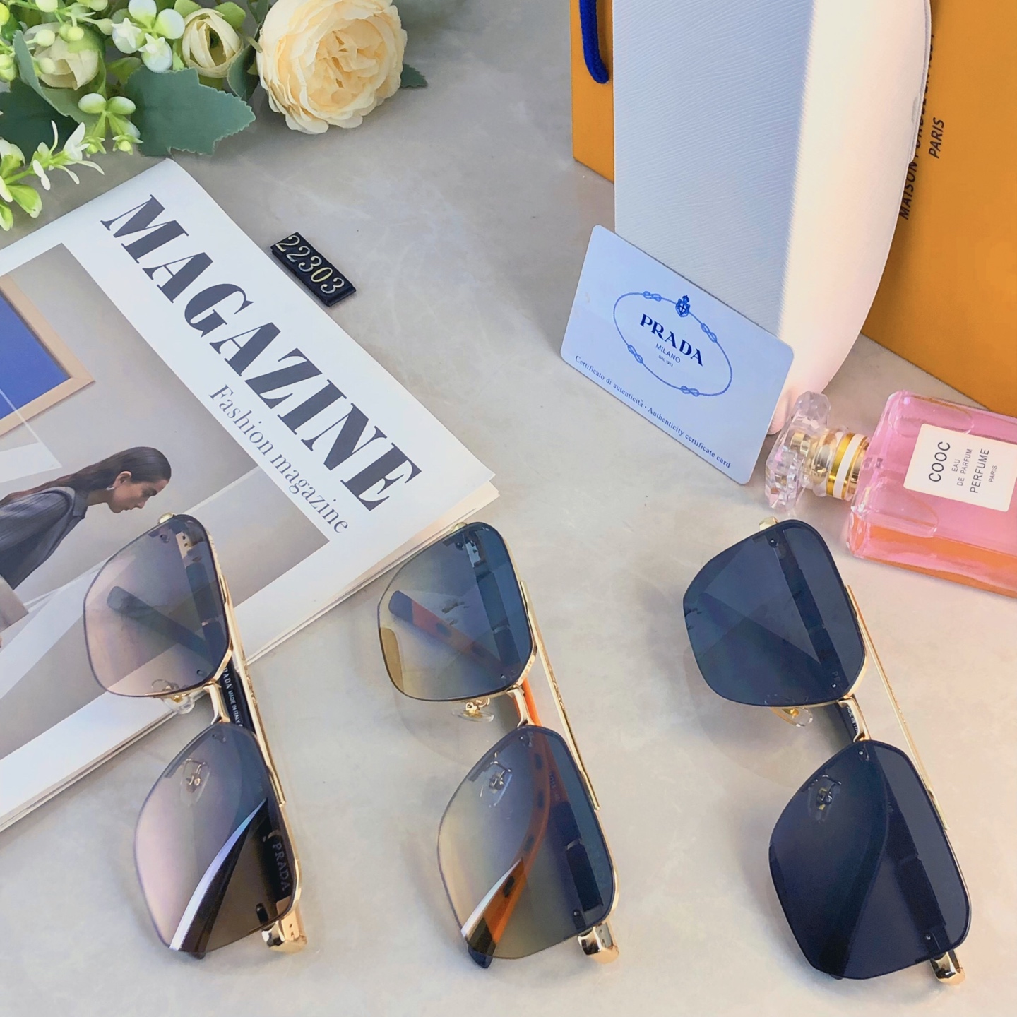 。。Prad*复古方框男女无框欧美时尚墨镜金属休闲遮阳镜