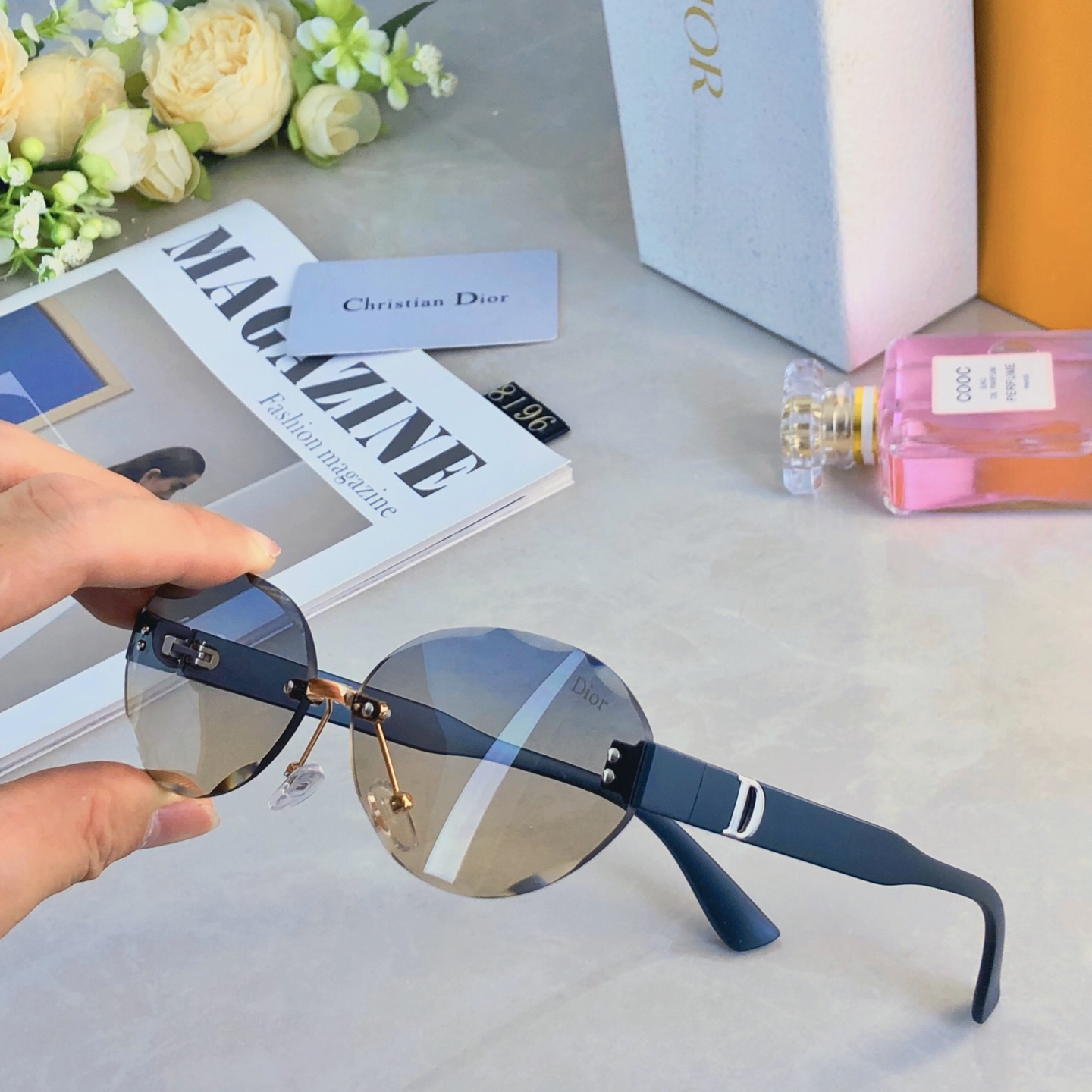 。。Dio*辣妹墨镜女美式网红款椭圆无边框小脸个性防紫外线遮阳太阳眼镜