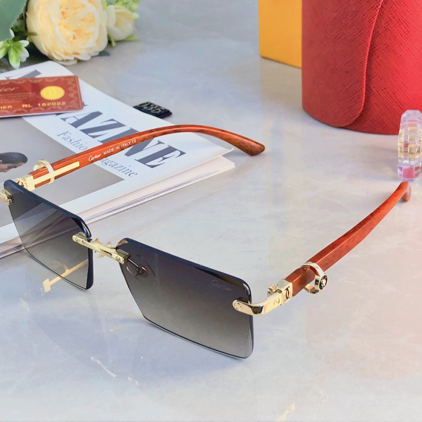 。。Cartie*复古简约无框痞帅男士墨镜仿木纹镜腿太阳镜男UV400防紫外线眼镜