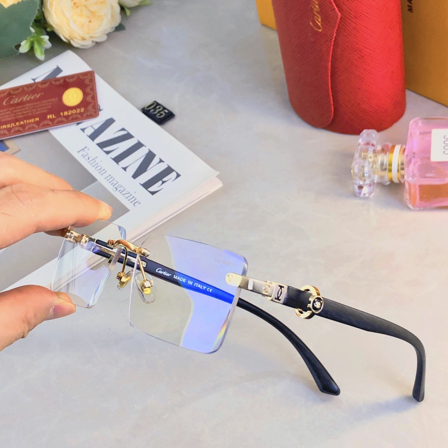 。。Cartie*复古简约无框痞帅男士墨镜仿木纹镜腿太阳镜男UV400防紫外线眼镜