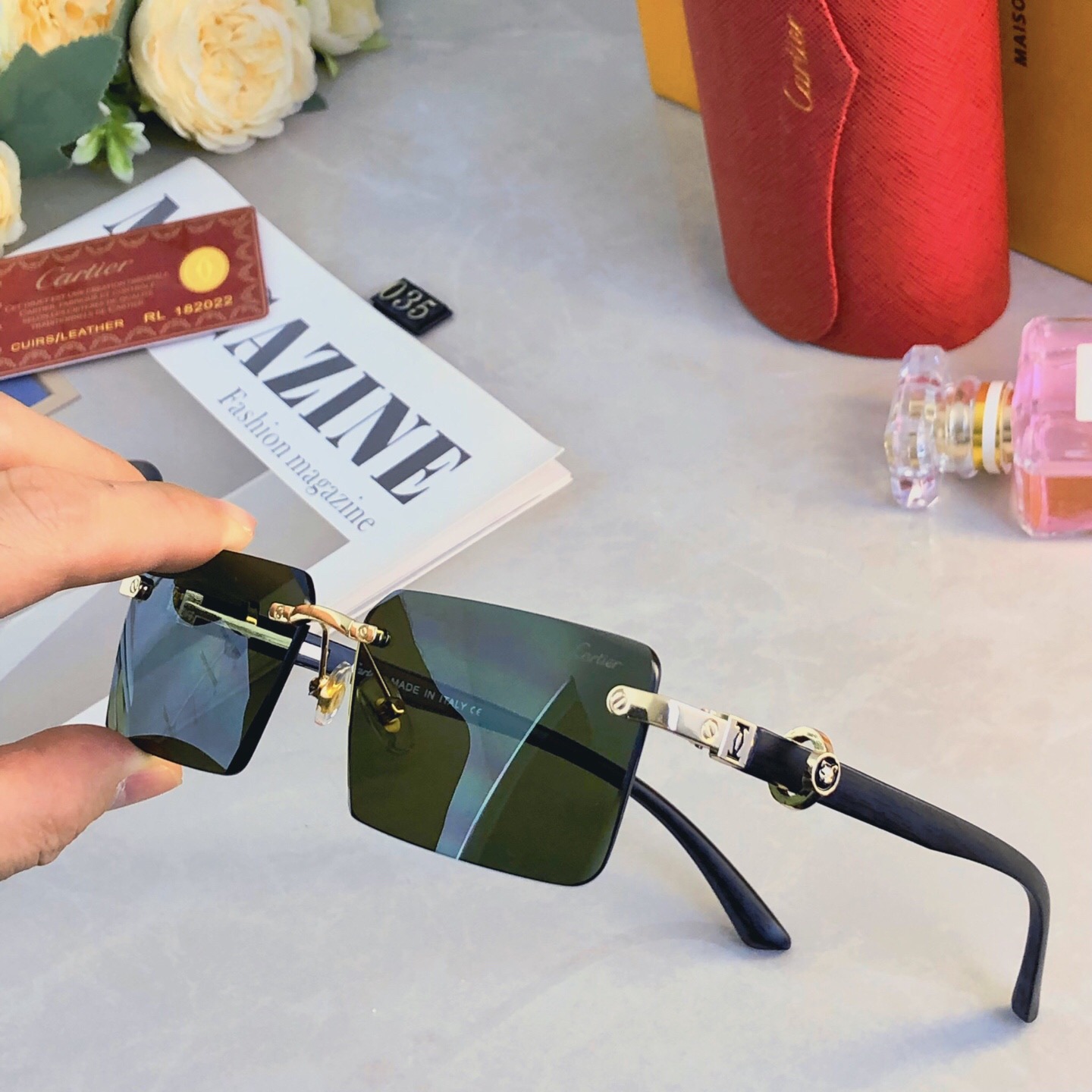 。。Cartie*复古简约无框痞帅男士墨镜仿木纹镜腿太阳镜男UV400防紫外线眼镜