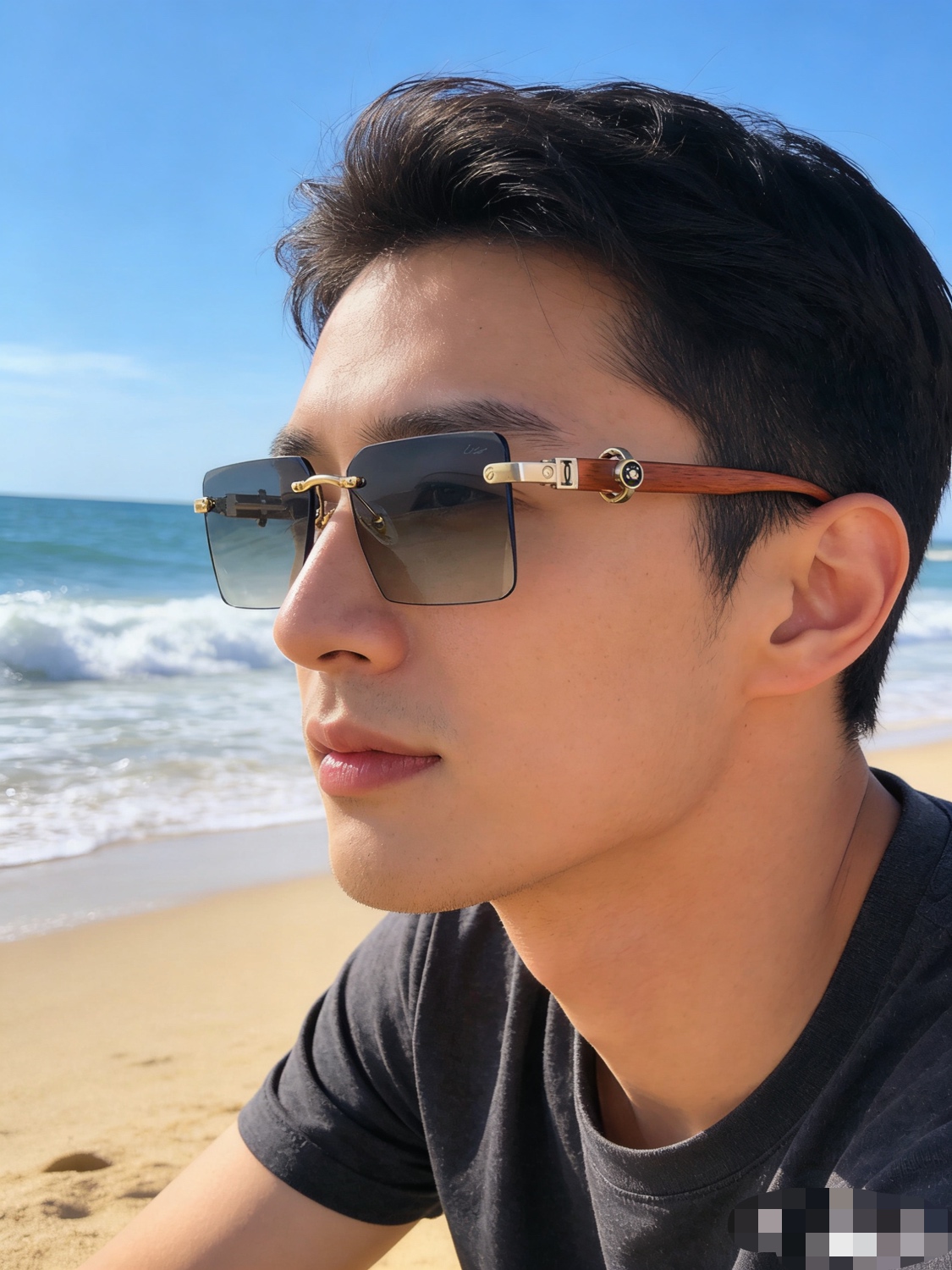 。。Cartie*复古简约无框痞帅男士墨镜仿木纹镜腿太阳镜男UV400防紫外线眼镜