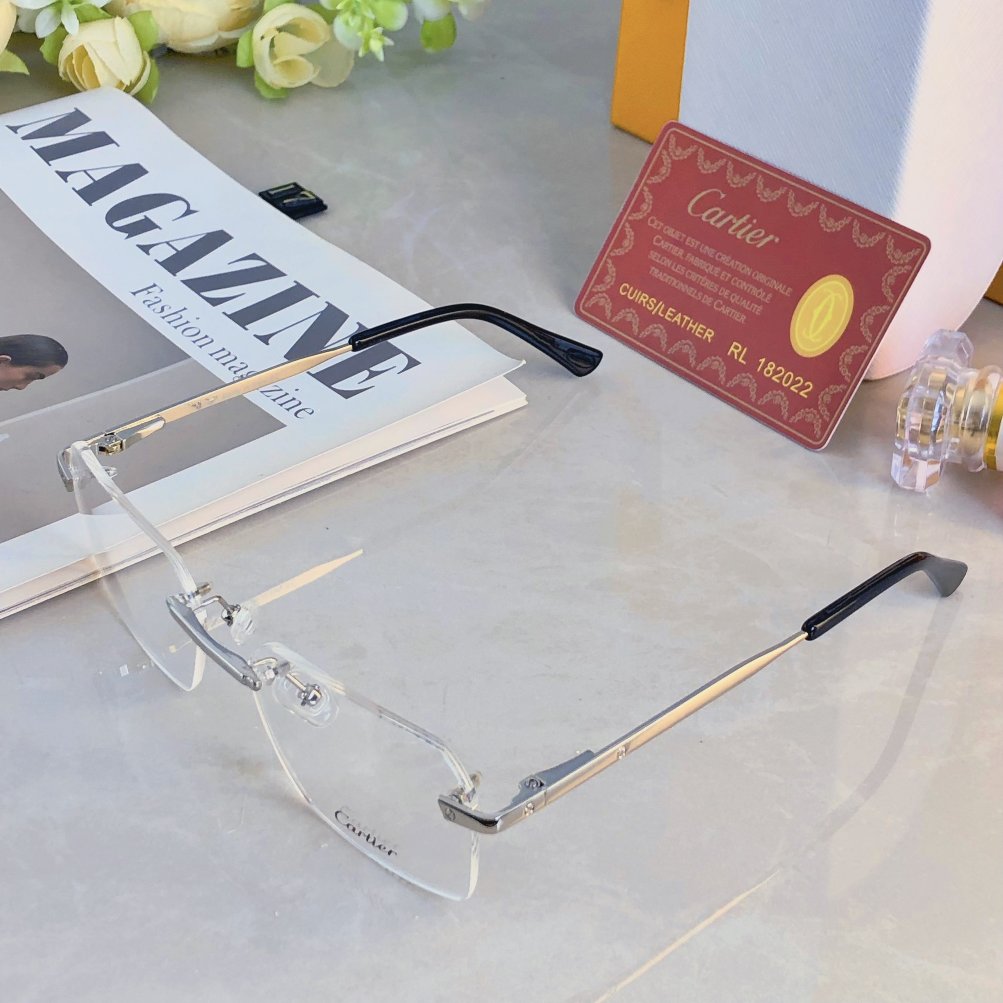 。。Cartie*高级清冷感眼镜复古金丝无框近视眼镜框架痞帅方框素颜平光镜