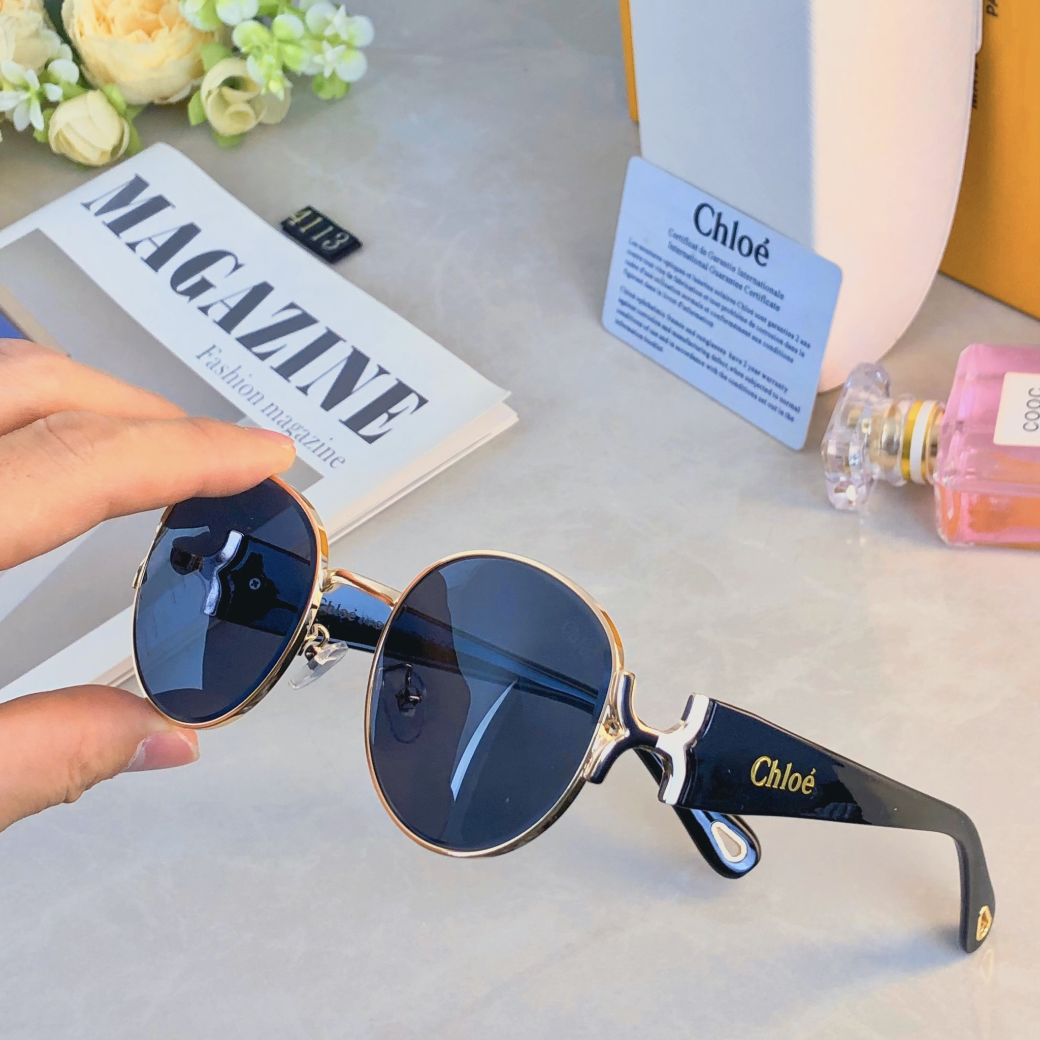 。。Chlo*复古凹造型金属椭圆墨镜女时尚显脸小防紫外线太阳眼镜