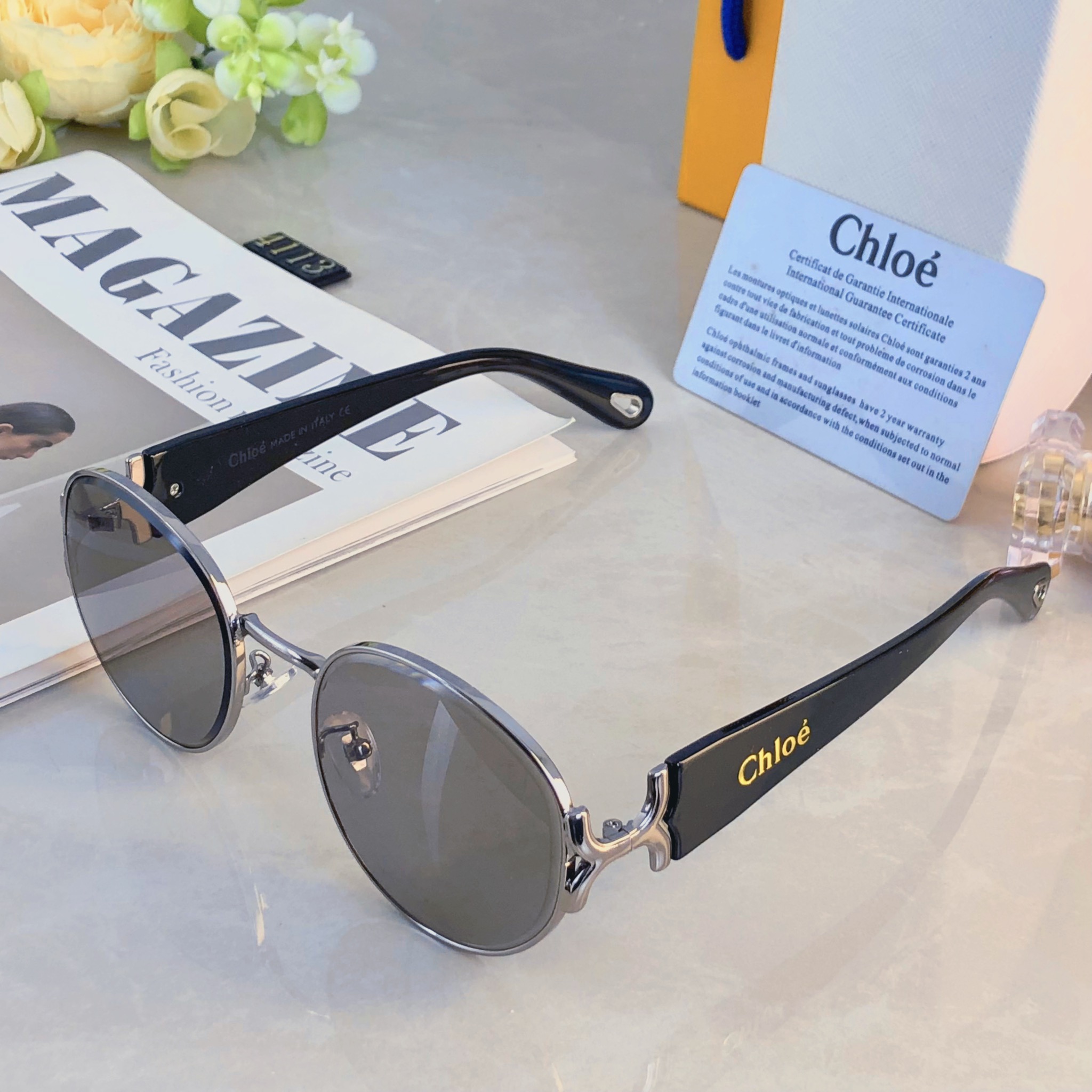 。。Chlo*复古凹造型金属椭圆墨镜女时尚显脸小防紫外线太阳眼镜