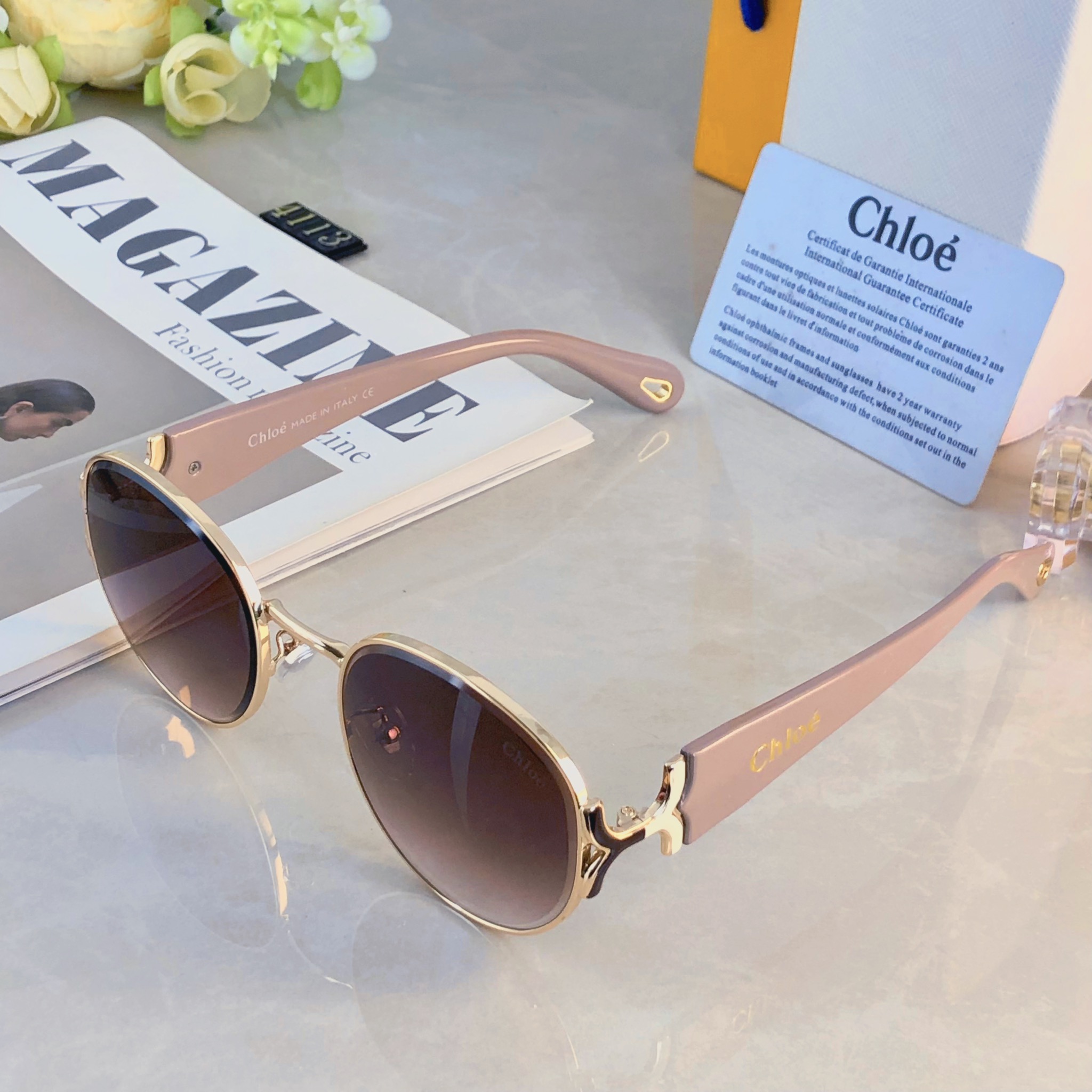 。。Chlo*复古凹造型金属椭圆墨镜女时尚显脸小防紫外线太阳眼镜