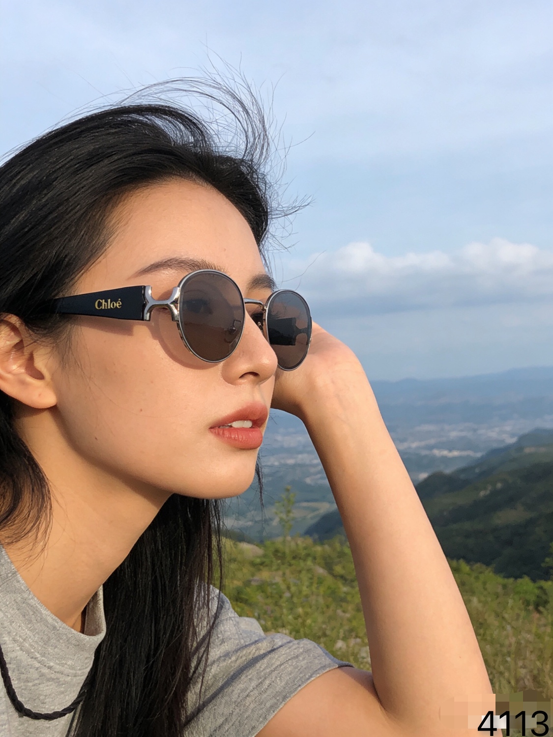 。。Chlo*复古凹造型金属椭圆墨镜女时尚显脸小防紫外线太阳眼镜