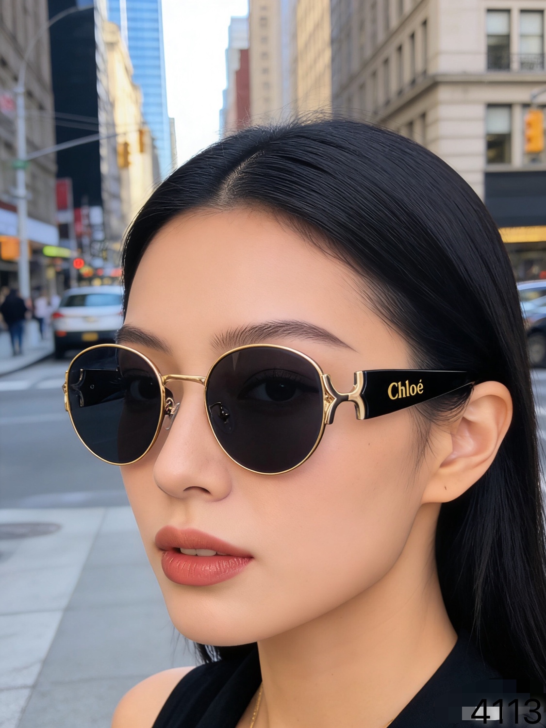 。。Chlo*复古凹造型金属椭圆墨镜女时尚显脸小防紫外线太阳眼镜