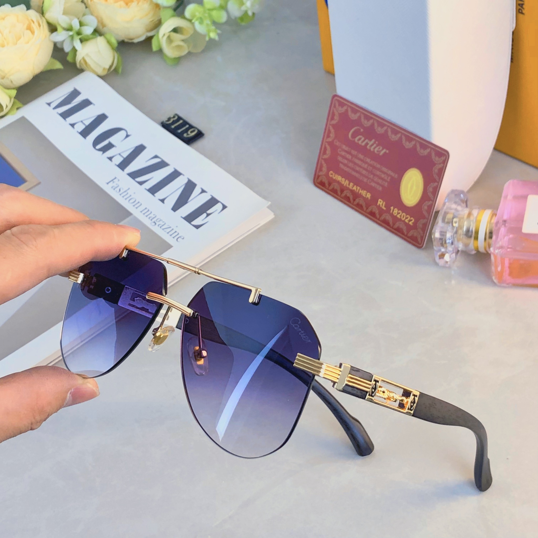 。。Cartie*新款潮流复古金属双梁太阳眼镜 ins个性无框户外开车休闲防晒墨镜