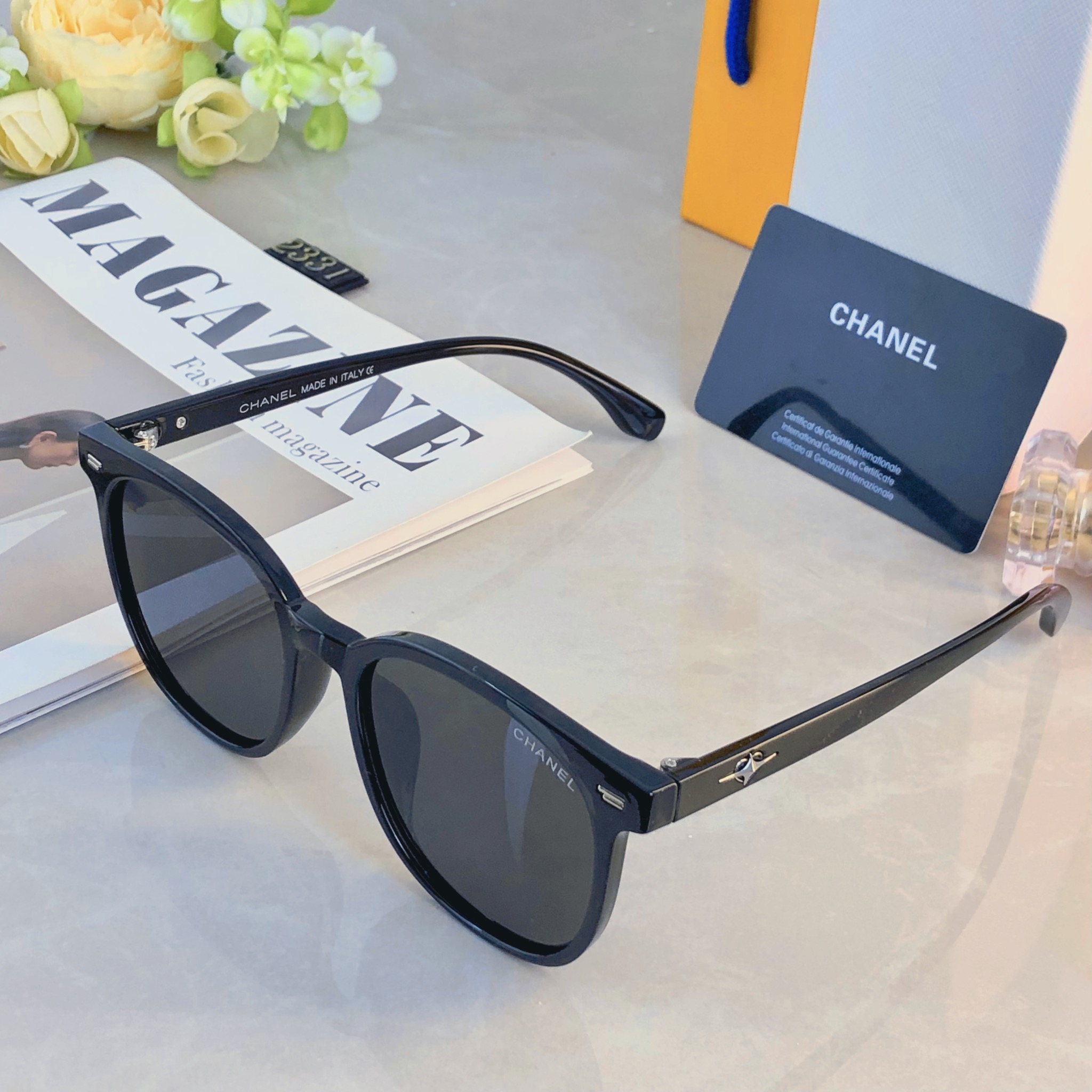 。。Chane*韩版复古黑色偏光墨镜女防晒高级感ins方框欧美辣妹街拍太阳眼镜