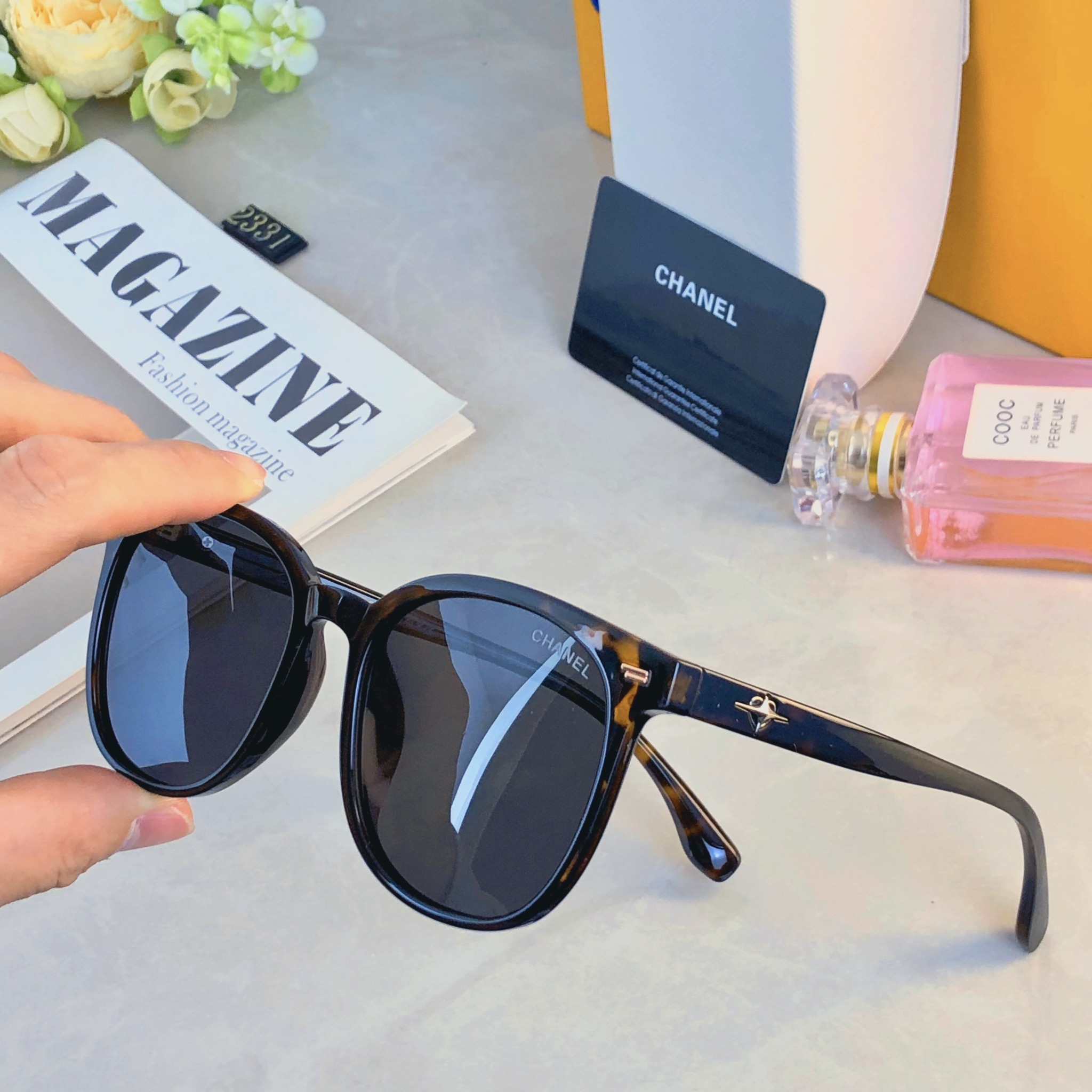 。。Chane*韩版复古黑色偏光墨镜女防晒高级感ins方框欧美辣妹街拍太阳眼镜