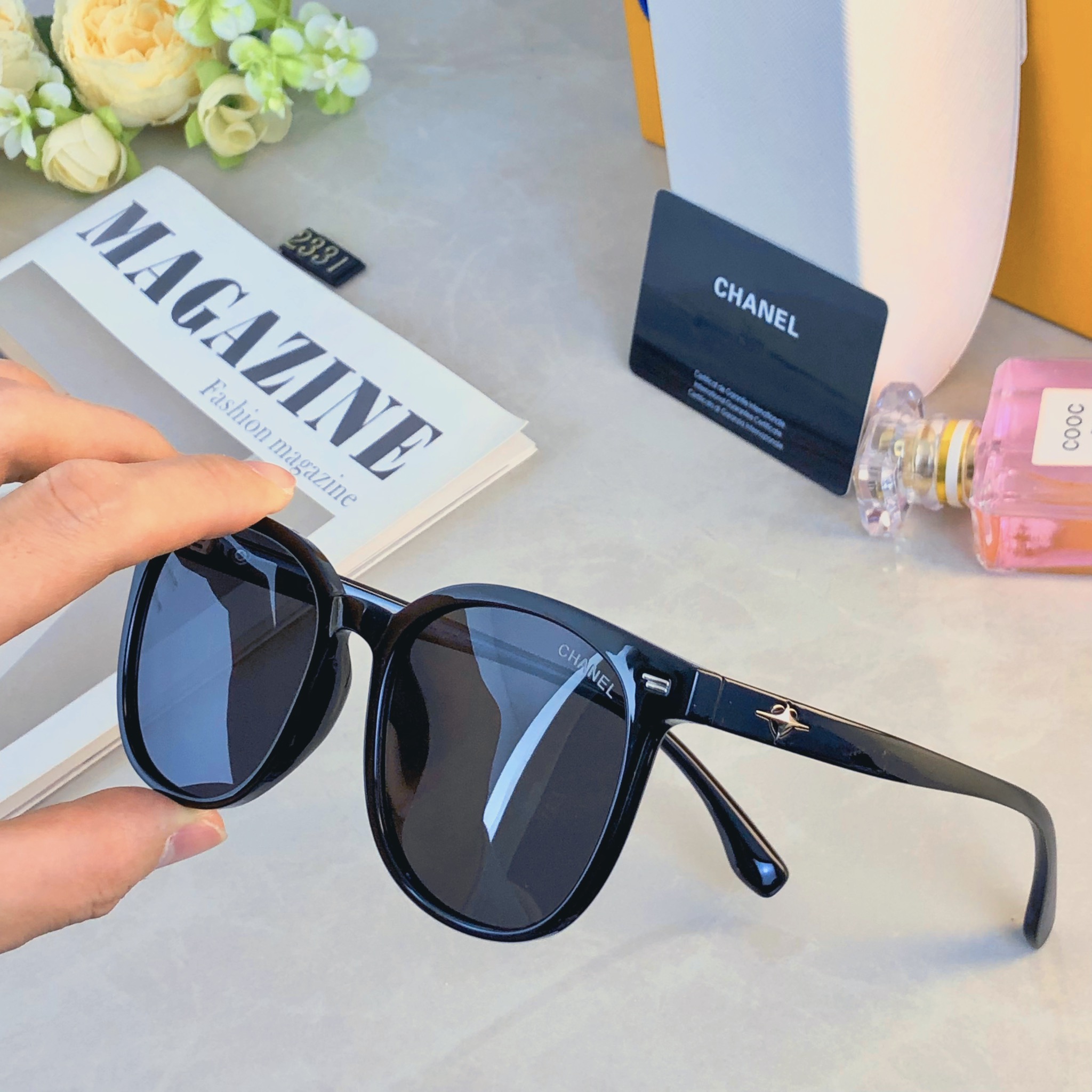 。。Chane*韩版复古黑色偏光墨镜女防晒高级感ins方框欧美辣妹街拍太阳眼镜