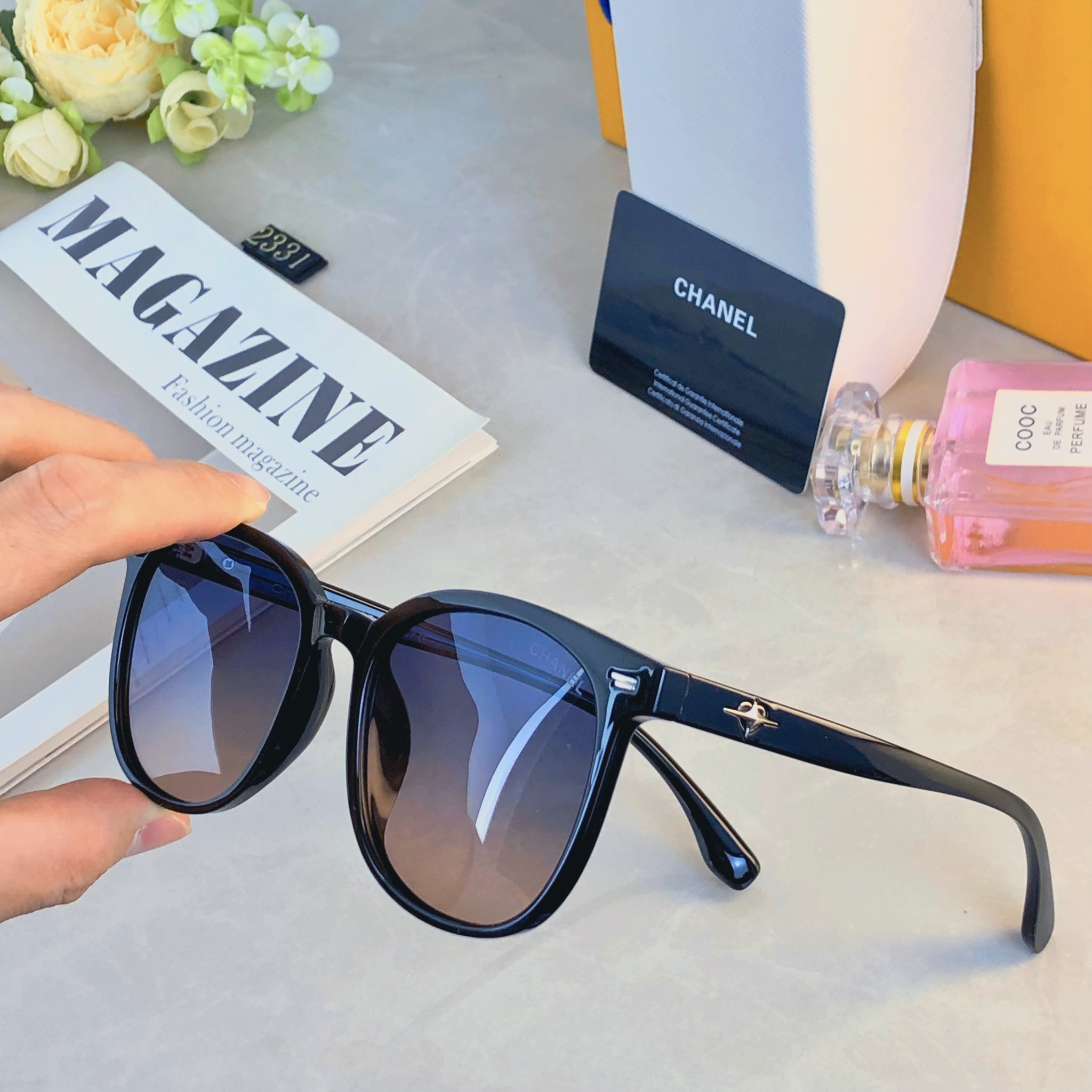 。。Chane*韩版复古黑色偏光墨镜女防晒高级感ins方框欧美辣妹街拍太阳眼镜