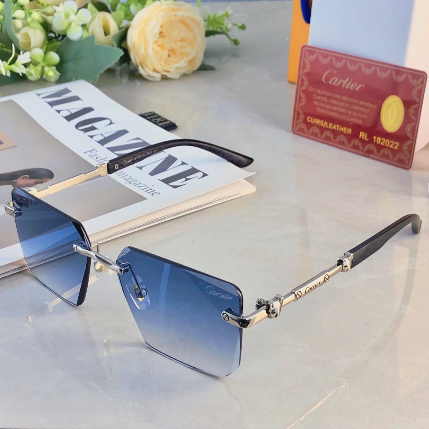 。。Cartie*欧美个性无边框豹子装饰墨镜新款方形时尚太阳镜