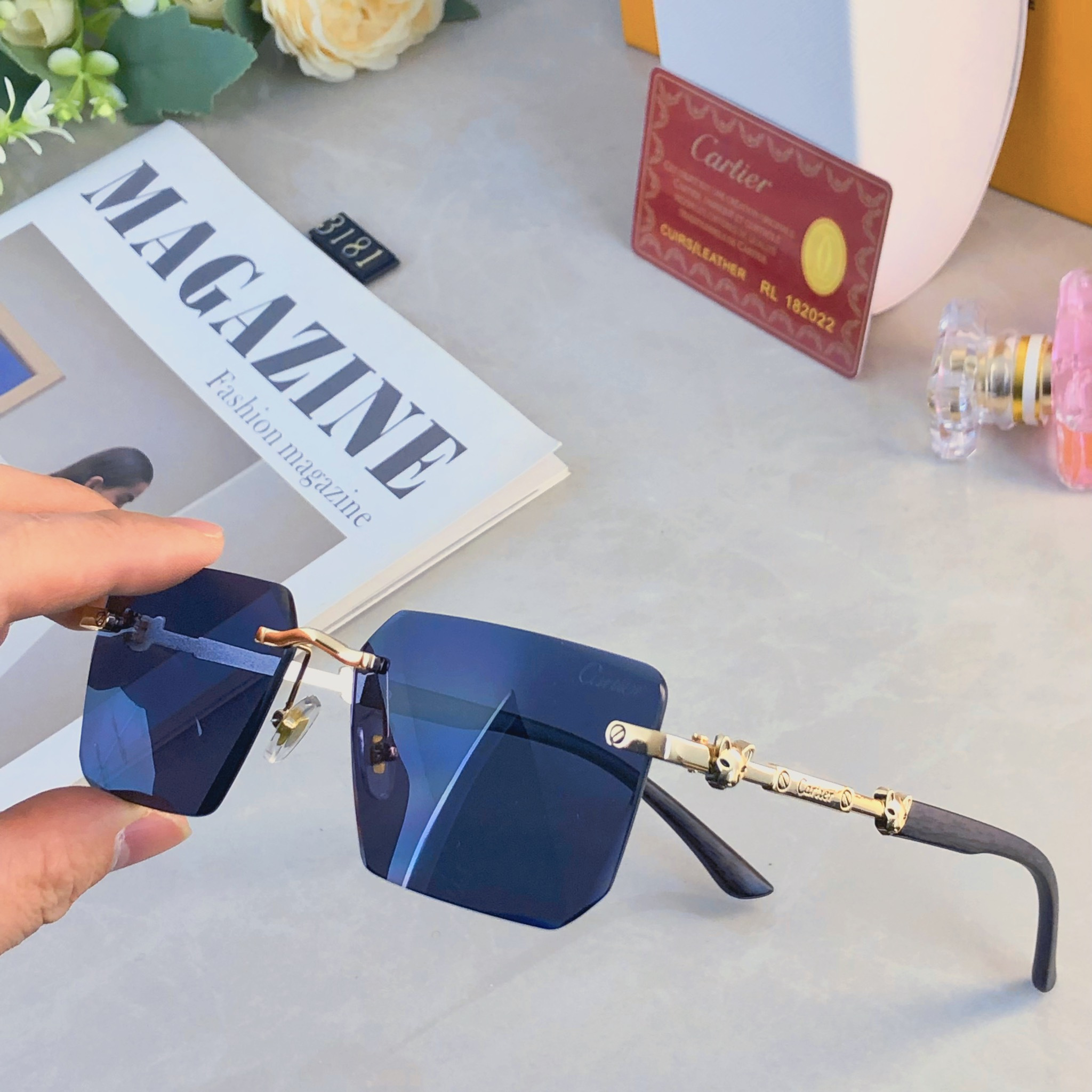 。。Cartie*欧美个性无边框豹子装饰墨镜新款方形时尚太阳镜