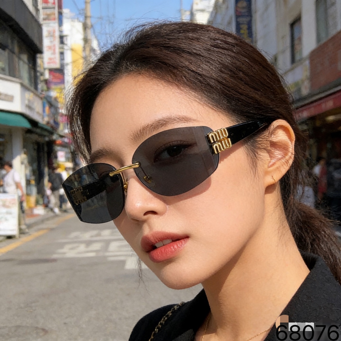 。。miumi*椭圆形无框切边墨镜辣妹街拍凹造型防晒装饰太阳镜