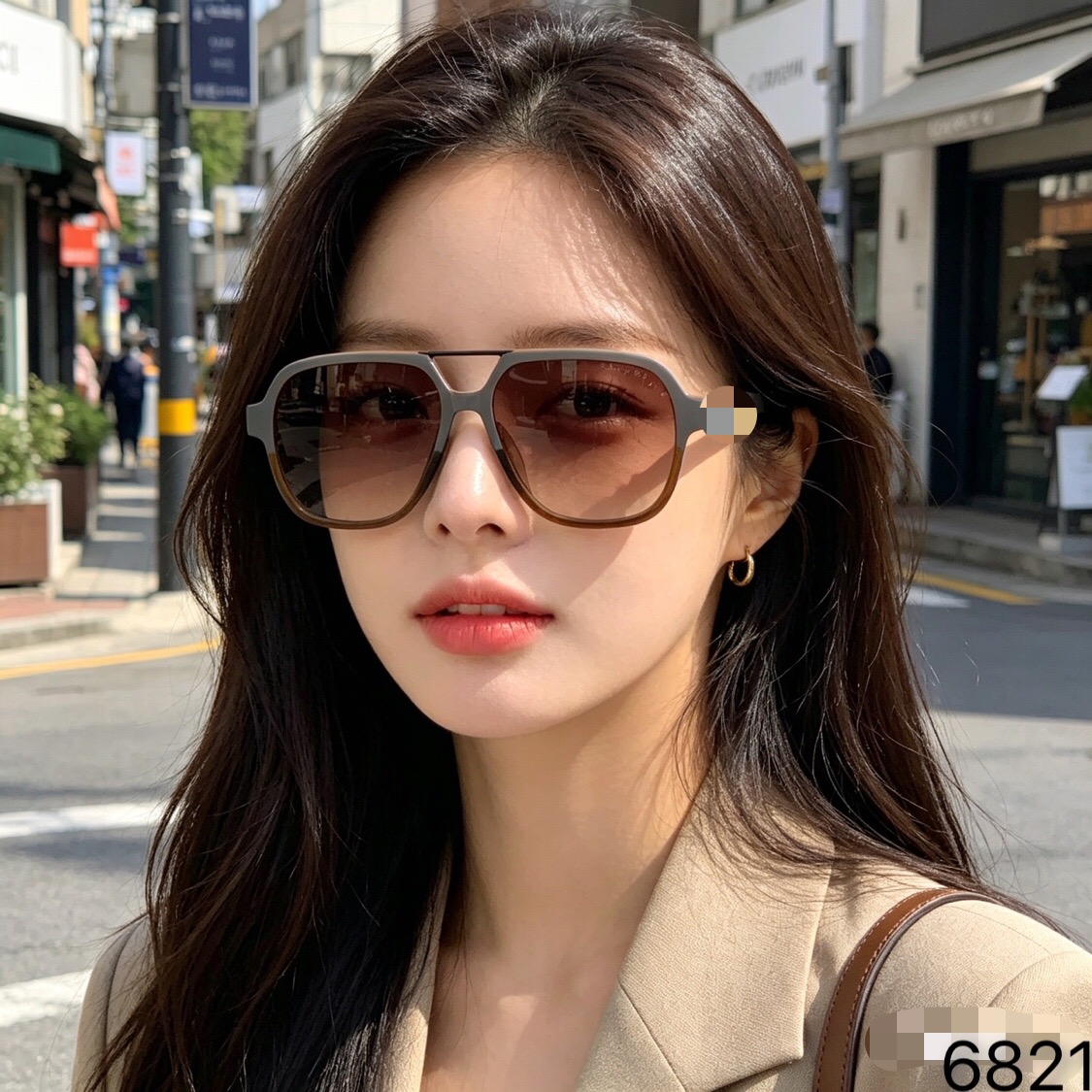 。。Gucc*宋佳同款浅茶色双梁大框墨镜女高级感欧美时尚圆脸显脸小太阳眼镜