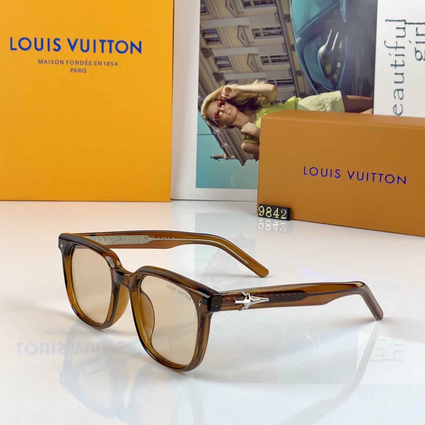 。。Louis vuitto*韩版复古透绿色遮阳猫眼墨镜女款潮高级感方形太阳眼镜男款