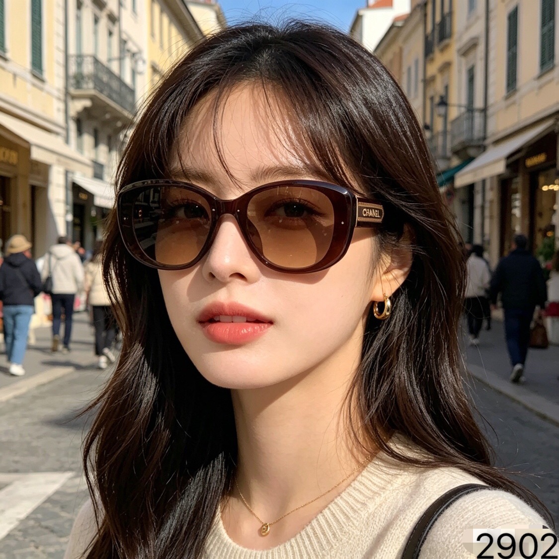 🔥🔥Chane*新款高级感椭圆框太阳镜女时尚防晒百搭显脸小防紫外线墨镜UV400