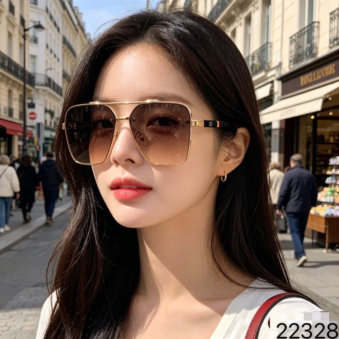 。。Gucc*网红眼镜男女个性百搭开车旅行墨镜双梁防紫外线透茶色太阳镜潮流