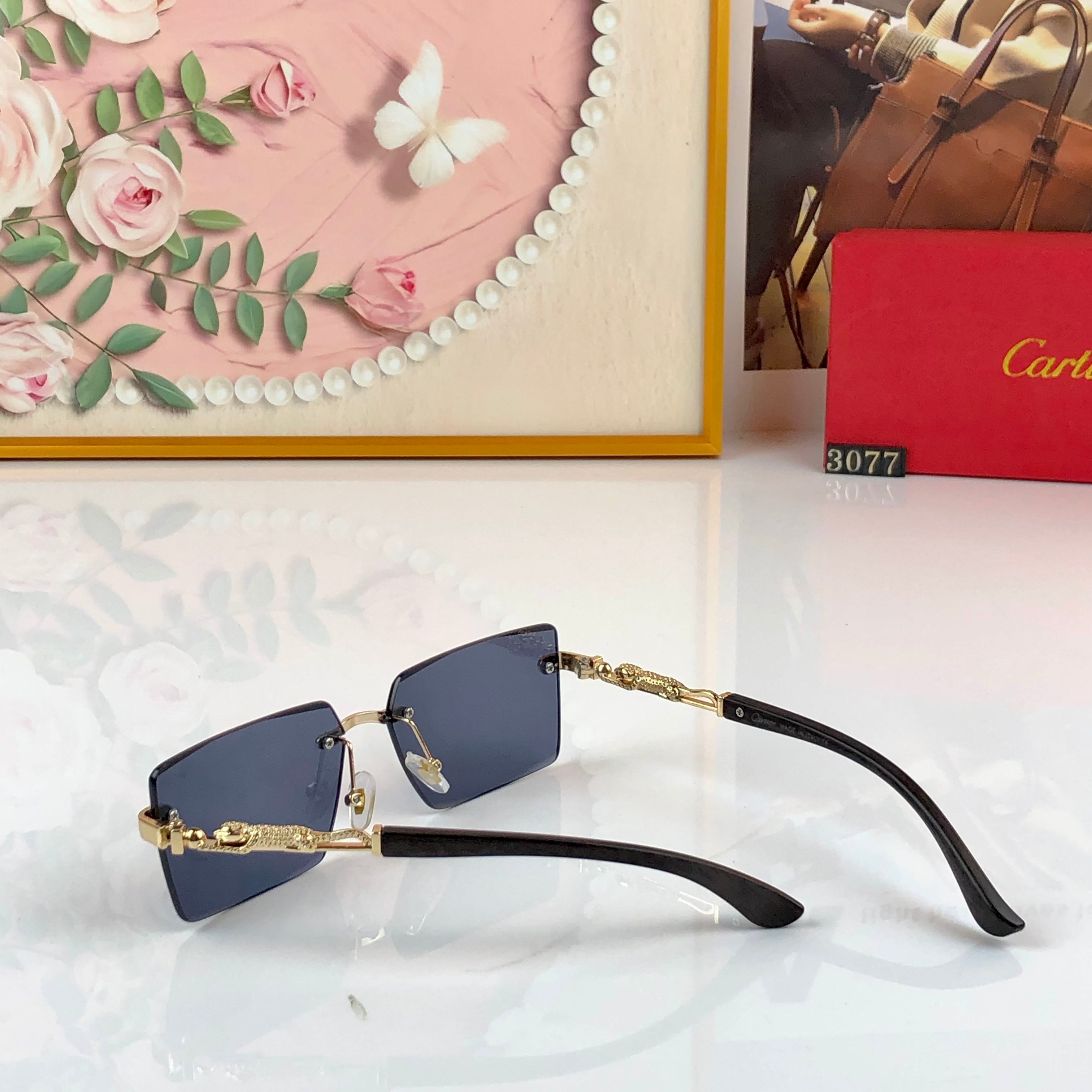 。Cartie*无框切边太阳镜欧美风金属奢华墨镜豹子装饰大气老钱风墨镜