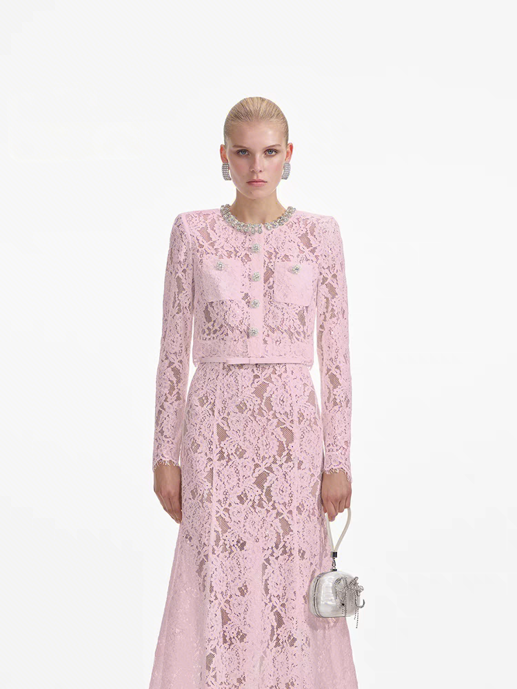 Elegant Lace Two-Piece Set with Rhinestone Embellishments and Belt