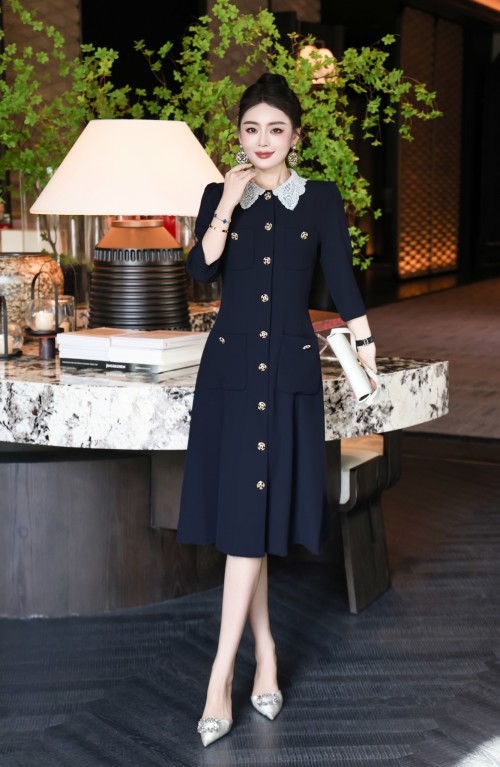 Elegant Navy Blue Midi Dress with Lace Collar and Gold Button Accents 1 Elegant Navy Blue Midi Dress with Lace Collar and Gold Button Accents