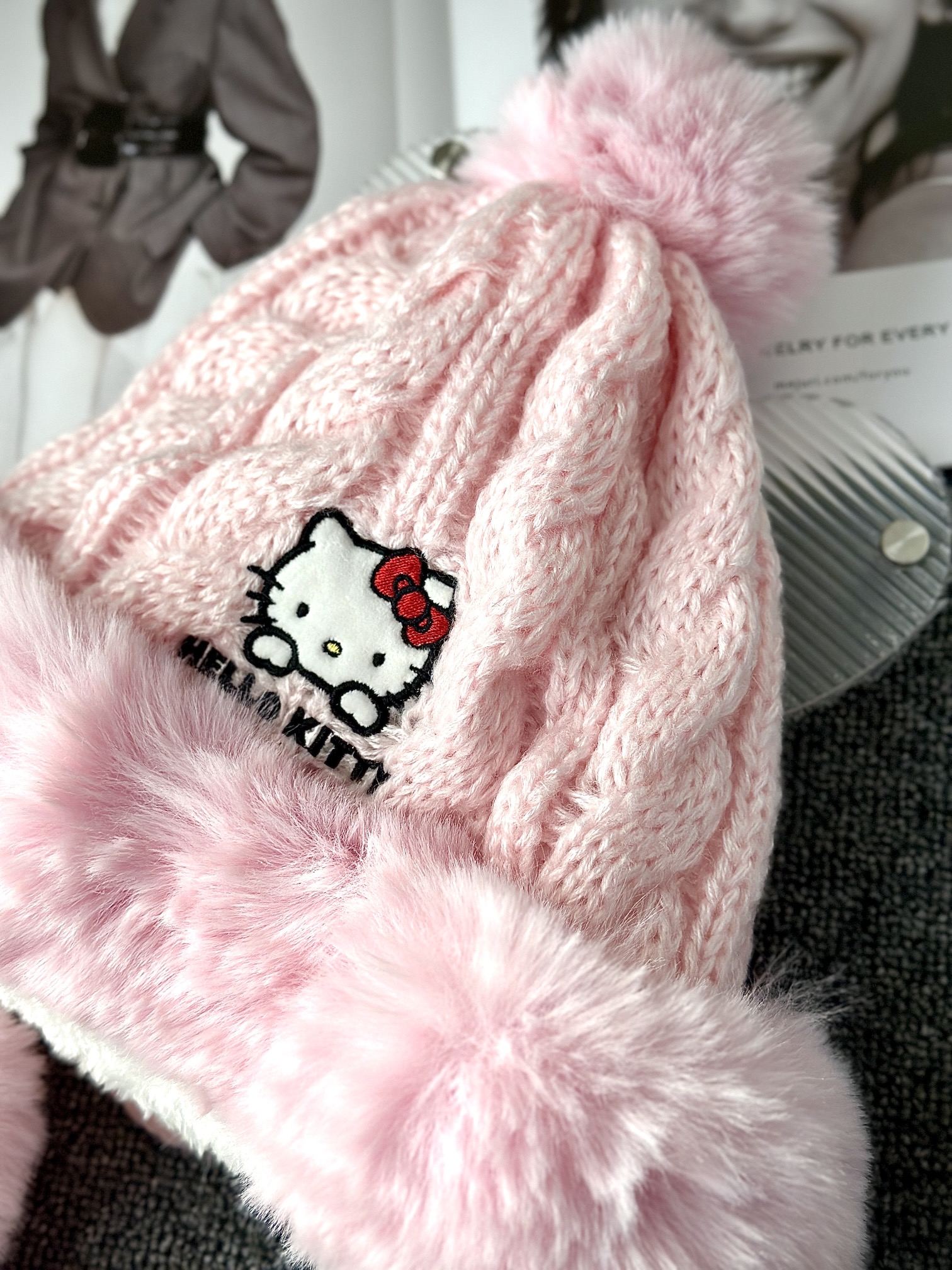 Hello Kitty Pink Pom-Pom Knit Beanie. Crafted from a soft, plush-texture - Comprehensive 5