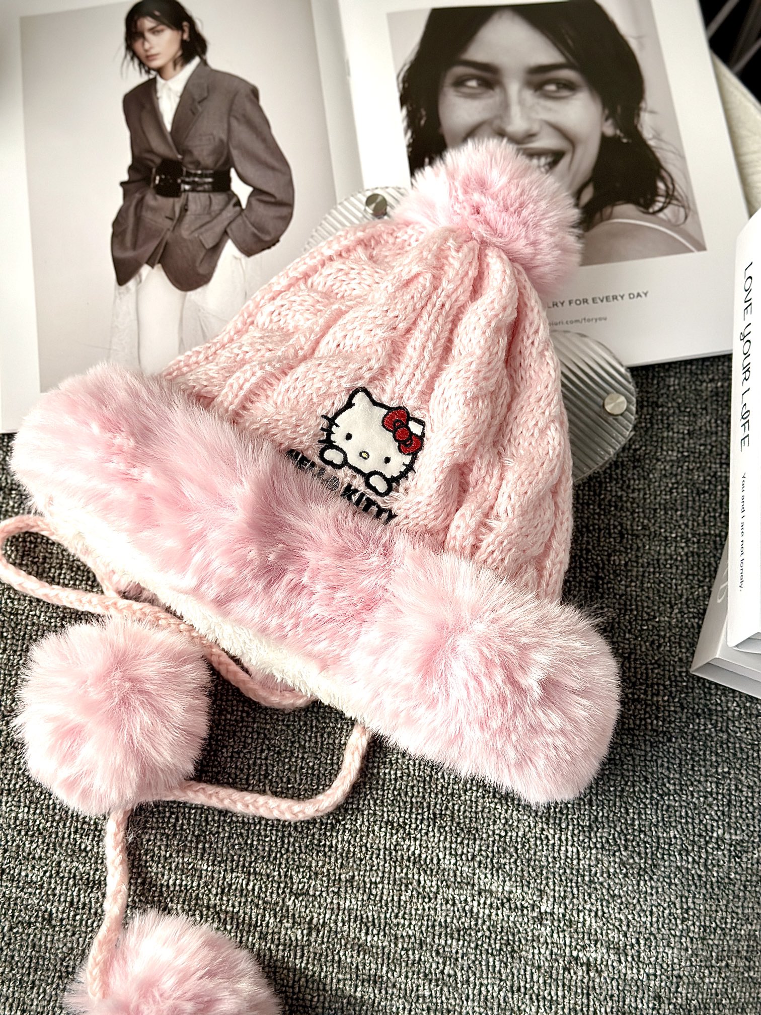 Hello Kitty Pink Pom-Pom Knit Beanie. Crafted from a soft, plush-texture - Comprehensive 3