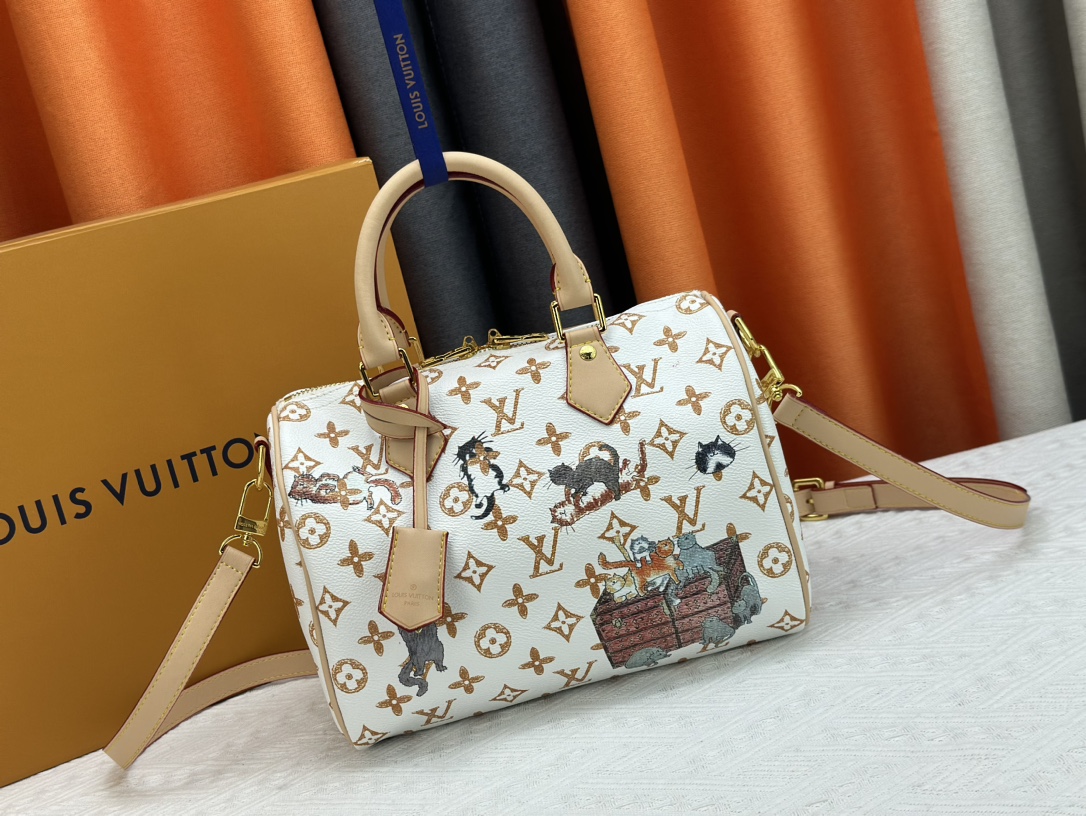 Louis Vuitton LV Speedy Tassen handtassen Wit Afdrukken Canvas Koeienhuid Schapenvacht M24425