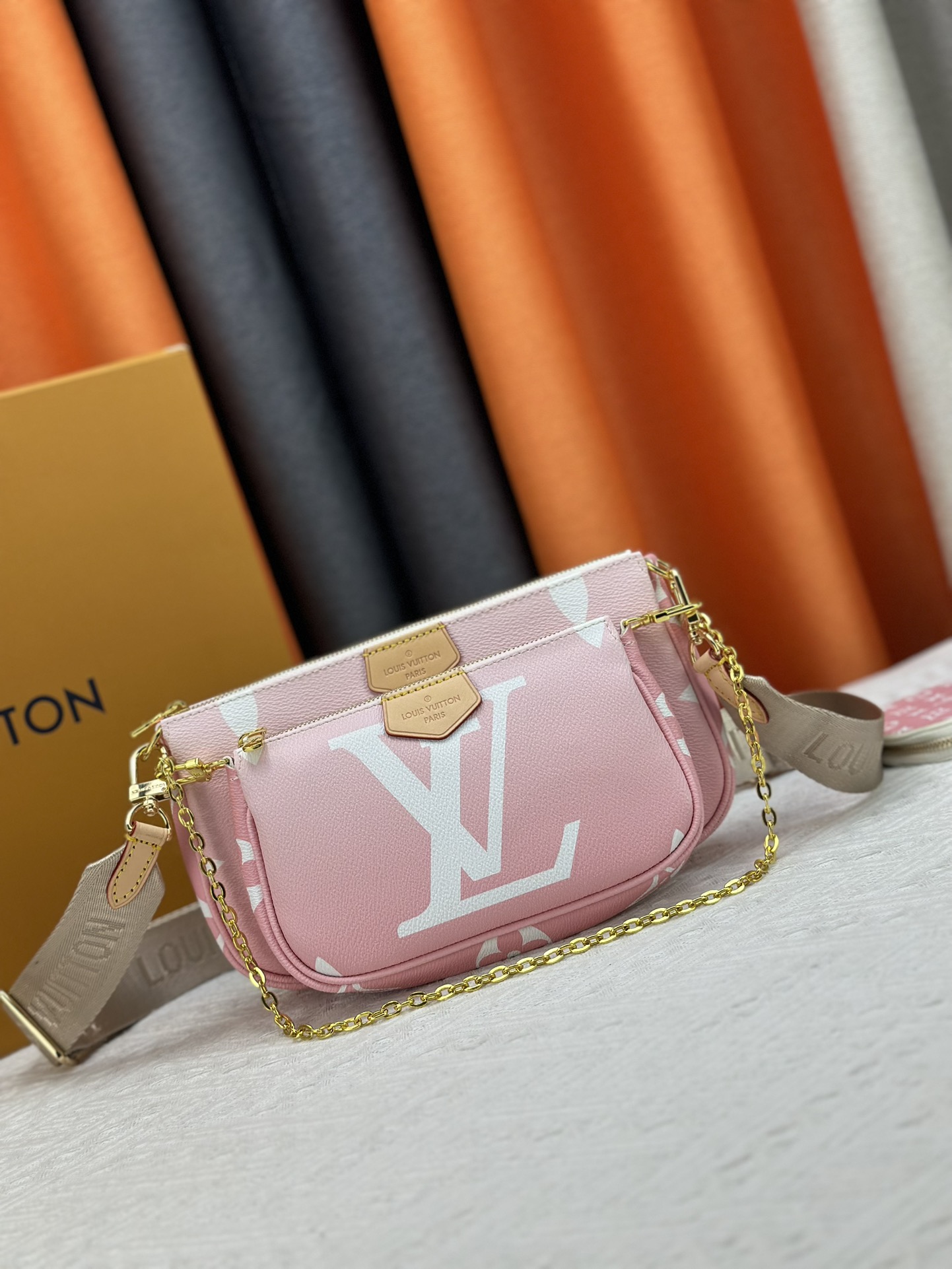 Louis Vuitton LV Multi Pochette Accessoires Taschen Handtaschen Kupplungsbeutel Blau Rosa Leinwand Ketten M57633