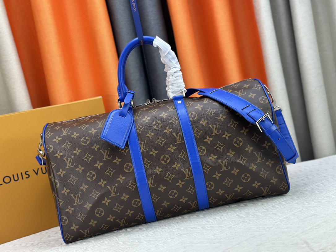 Louis Vuitton LV Keepall Travel Bags Blue Dark Green Light Yellow Canvas Cowhide Fabric M41416