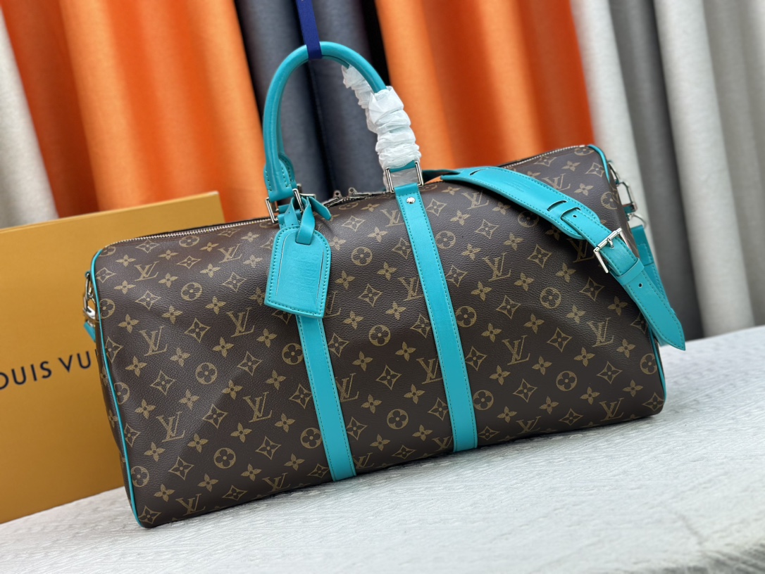 Louis Vuitton LV Keepall Travel Bags Blue Dark Green Light Yellow Canvas Cowhide Fabric M41416