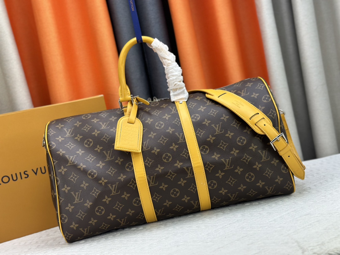 Louis Vuitton LV Keepall Travel Bags Blue Dark Green Light Yellow Canvas Cowhide Fabric M41416