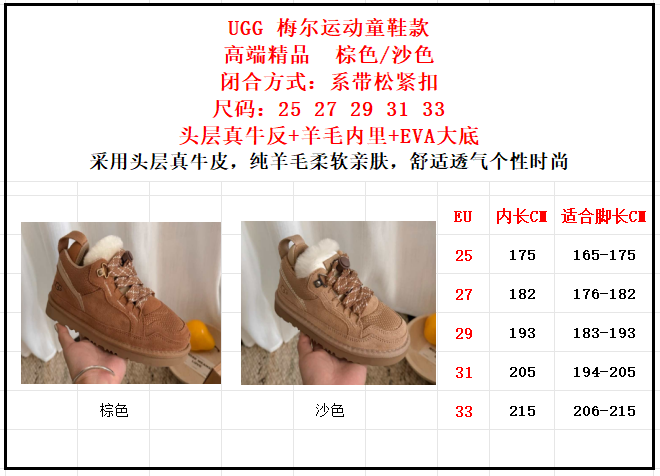 图片[10]-高版本 UGG 梅尔运动童鞋款 头层真牛反+羊毛内里+EVA大底 采用头层真牛皮，纯羊毛柔软亲肤，舒适透气个性时尚 系带松紧扣 尺码：25 27 29 31 33-选品中心
