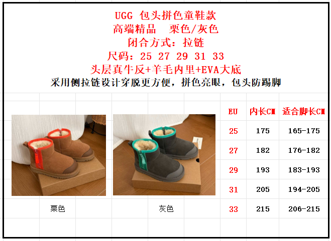 图片[8]-高版本 UGG 包头拼色童鞋雪地靴 头层真牛反+羊毛内里+EVA大底 采用侧拉链设计穿脱更方便，拼色亮眼，包头防踢脚 尺码：25 27 29 31 33-选品中心