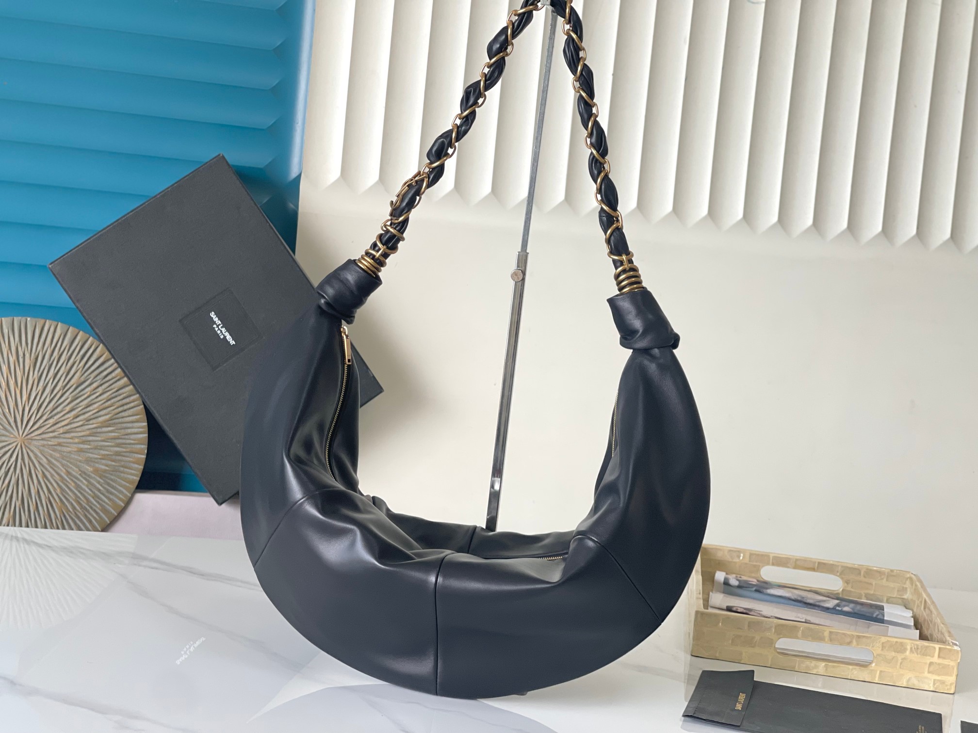 Lambskin HOBO Croissant Bag Woven Chain Shoulder Strap Zip Closure