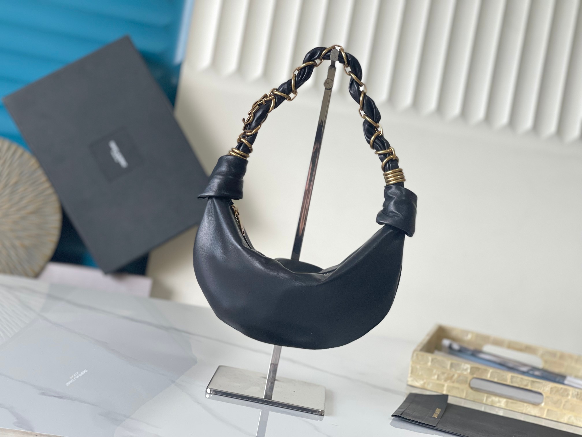 Lambskin HOBO Croissant Bag Woven Chain Shoulder Strap Zip Closure