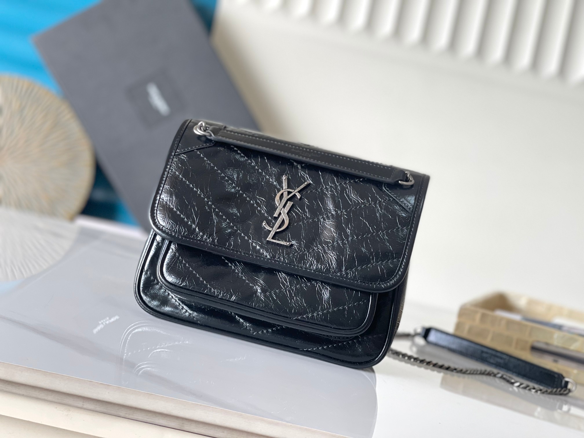 YSL Niki 油腊牛皮 链条包 银色logo